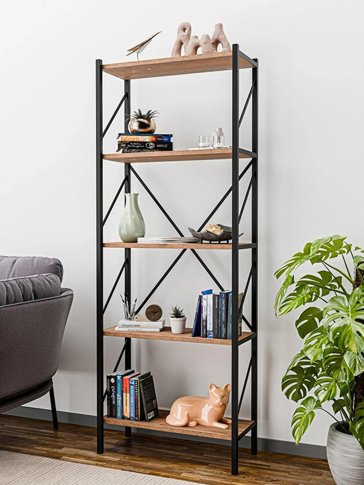 Alpa Ev Mobilya 5 Katlı Metal Kitaplık ,Modern Endüstriyel Raf Ünitesi, Dekoratif Açık Raflı Kitaplık, Ofis ve Salon Düzenleyici 150 cm