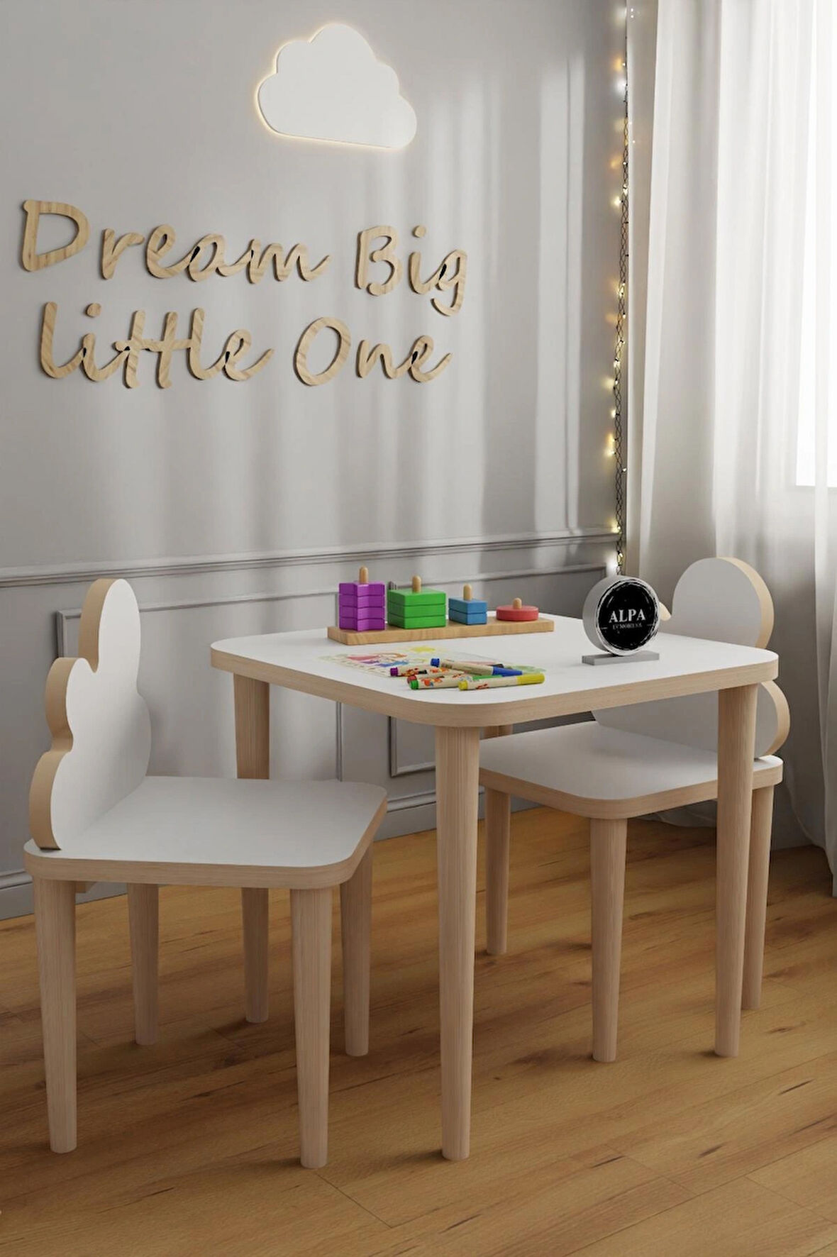 Alpa Ev Mobilya Çocuk Masası, 2-5 Yaş Oyun ve Aktivite Masası, Silinebilir Yüzeyli MDF Lam Çocuk Masa Sandalye Takımı, Montessori Tarzı Doğal Ahşap Ayaklı 3’lü Set