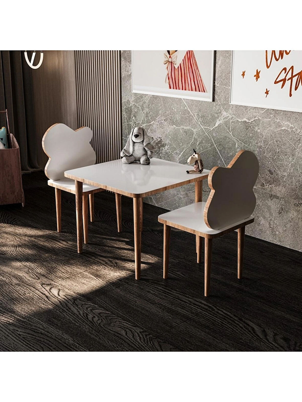 Alpa Ev Mobilya Çocuk Masası, 2-5 Yaş Oyun ve Aktivite Masası, Silinebilir Yüzeyli MDF Lam Çocuk Masa Sandalye Takımı, Montessori Tarzı Doğal Ahşap Ayaklı 3’lü Set