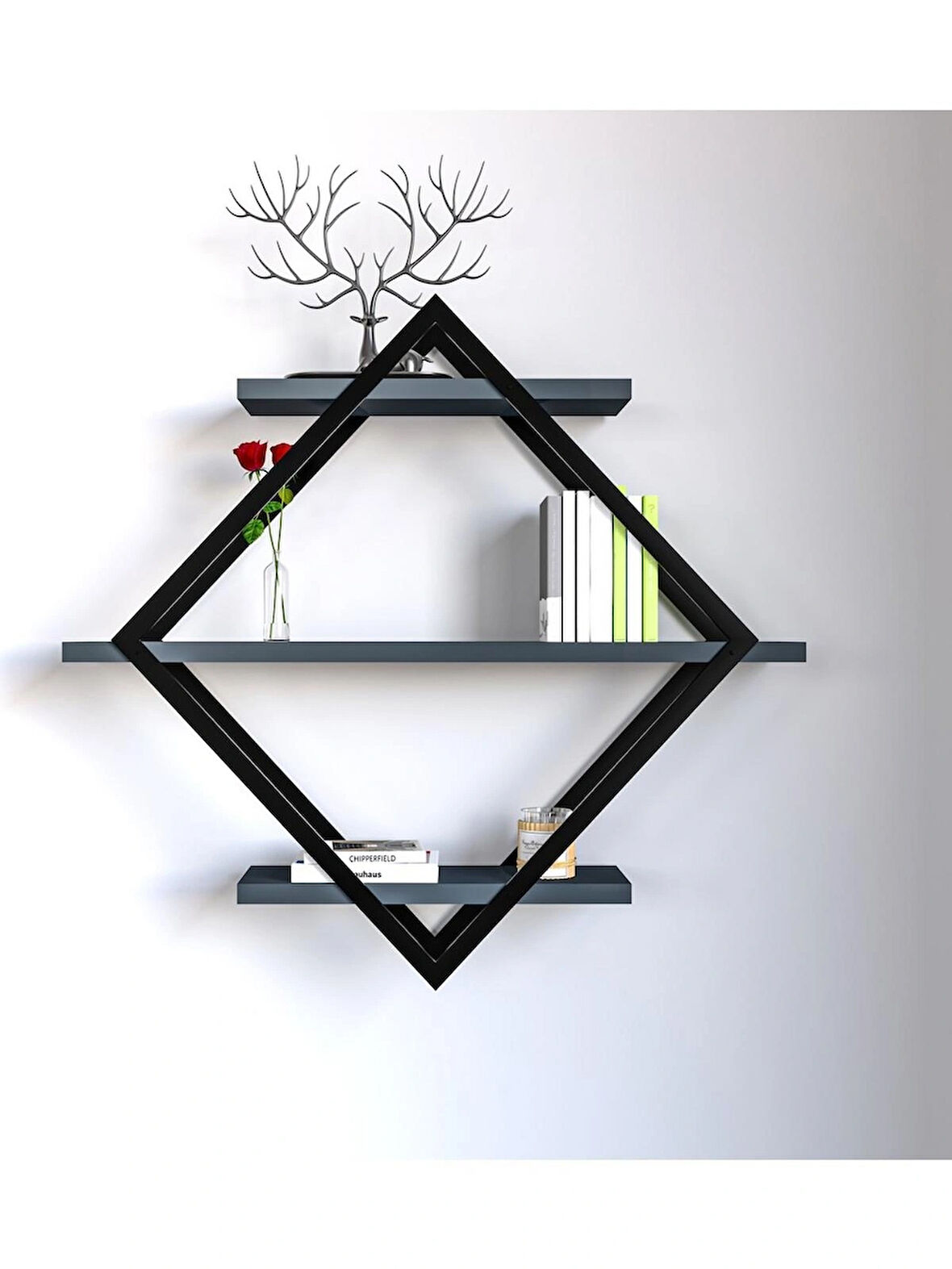 Alpa Ev Mobilya Baklava Desenli 3 Katlı Duvar Rafı ,Metal Çerçeveli Dekoratif Kitaplık, Modern Duvar Rafı, Salon ve Ofis Duvar Dekoru