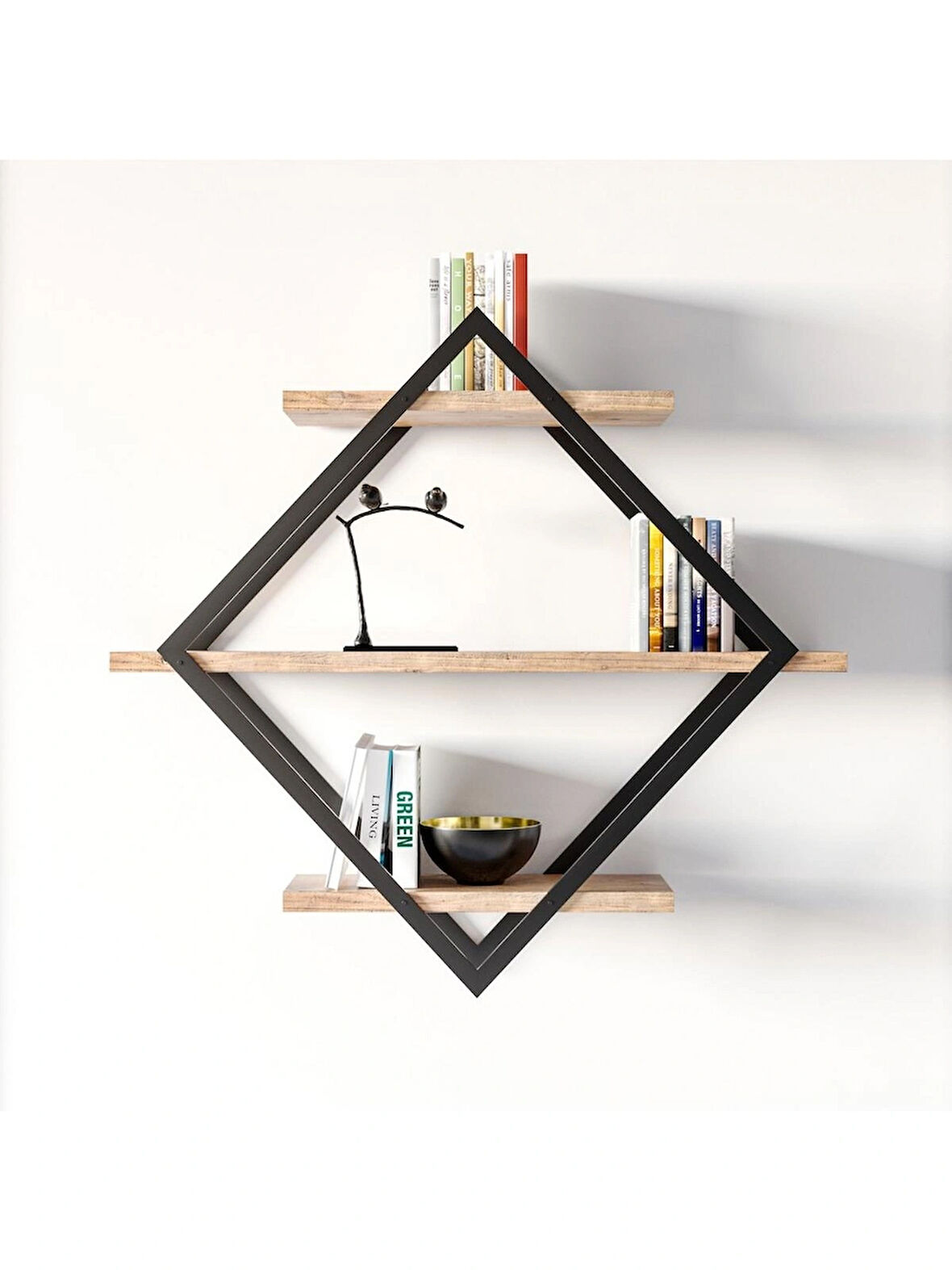 Alpa Ev Mobilya Baklava Desenli 3 Katlı Duvar Rafı ,Metal Çerçeveli Dekoratif Kitaplık, Modern Duvar Rafı, Salon ve Ofis Duvar Dekoru