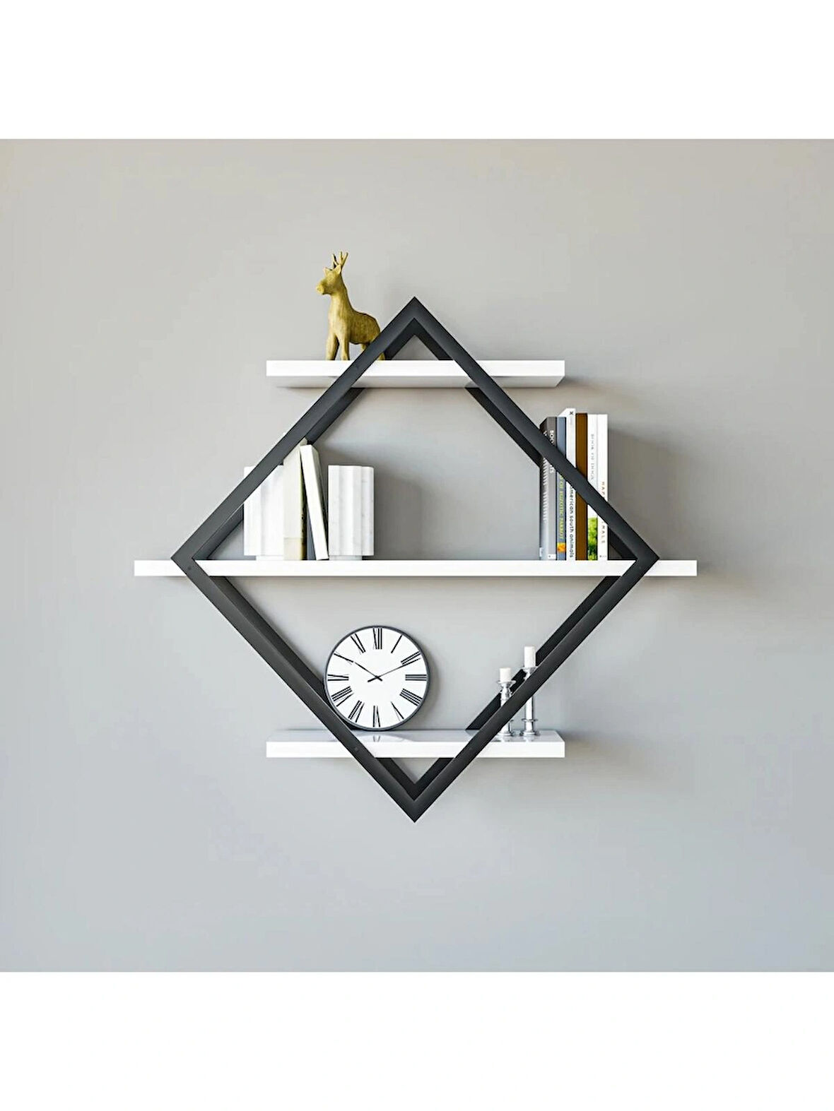 Alpa Ev Mobilya Baklava Desenli 3 Katlı Duvar Rafı ,Metal Çerçeveli Dekoratif Kitaplık, Modern Duvar Rafı, Salon ve Ofis Duvar Dekoru