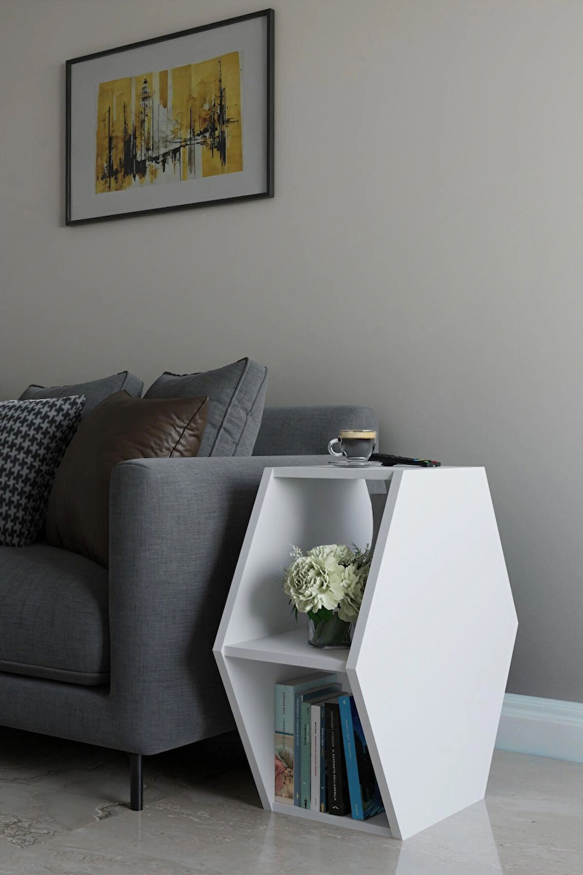 Alpa Ev Mobilya Altıgen Tasarım Yan Sehpa ,Modern Koltuk Yanı Sehpa, Dekoratif Kitaplık, Çok Amaçlı Salon Sehpası