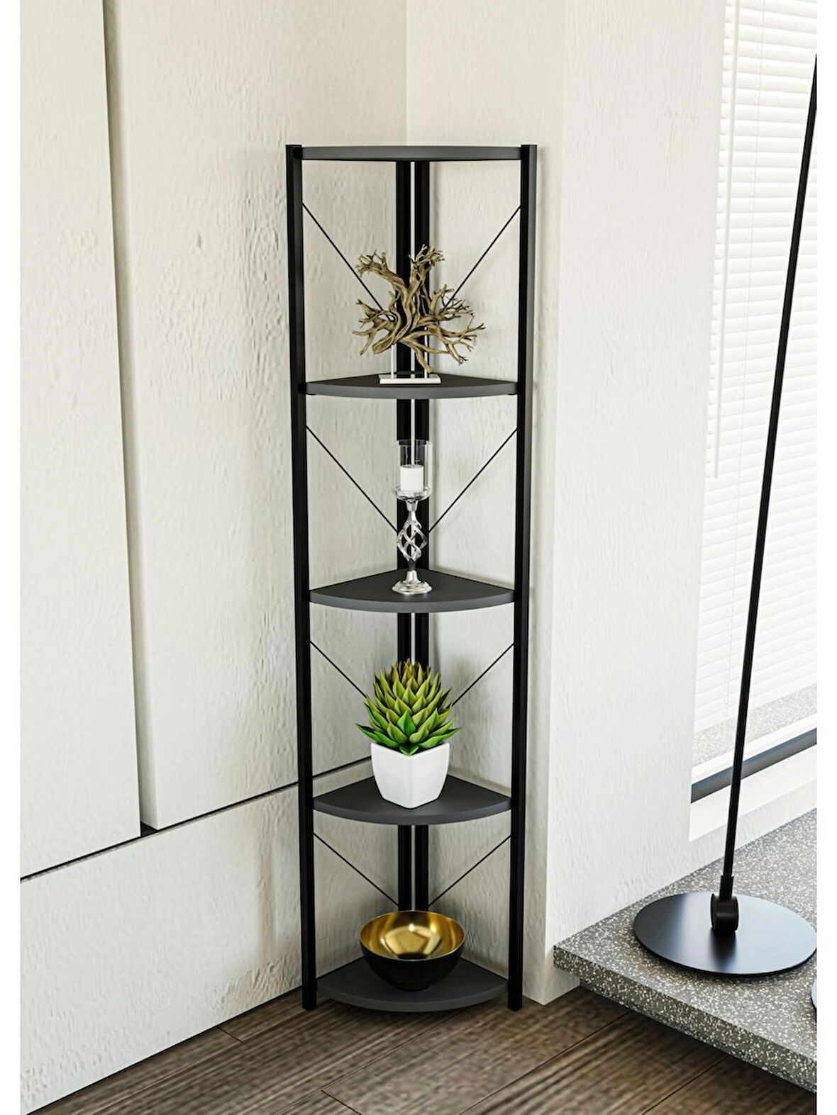 Alpa Ev Mobilya Üçgen Köşe Raf Metal Gövdeli 5 Raflı Dekoratif Kitaplık ,Çok Amaçlı Köşe Raf Ünitesi