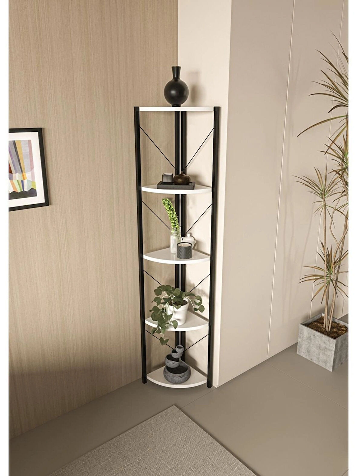 Alpa Ev Mobilya Üçgen Köşe Raf Metal Gövdeli 5 Raflı Dekoratif Kitaplık ,Çok Amaçlı Köşe Raf Ünitesi