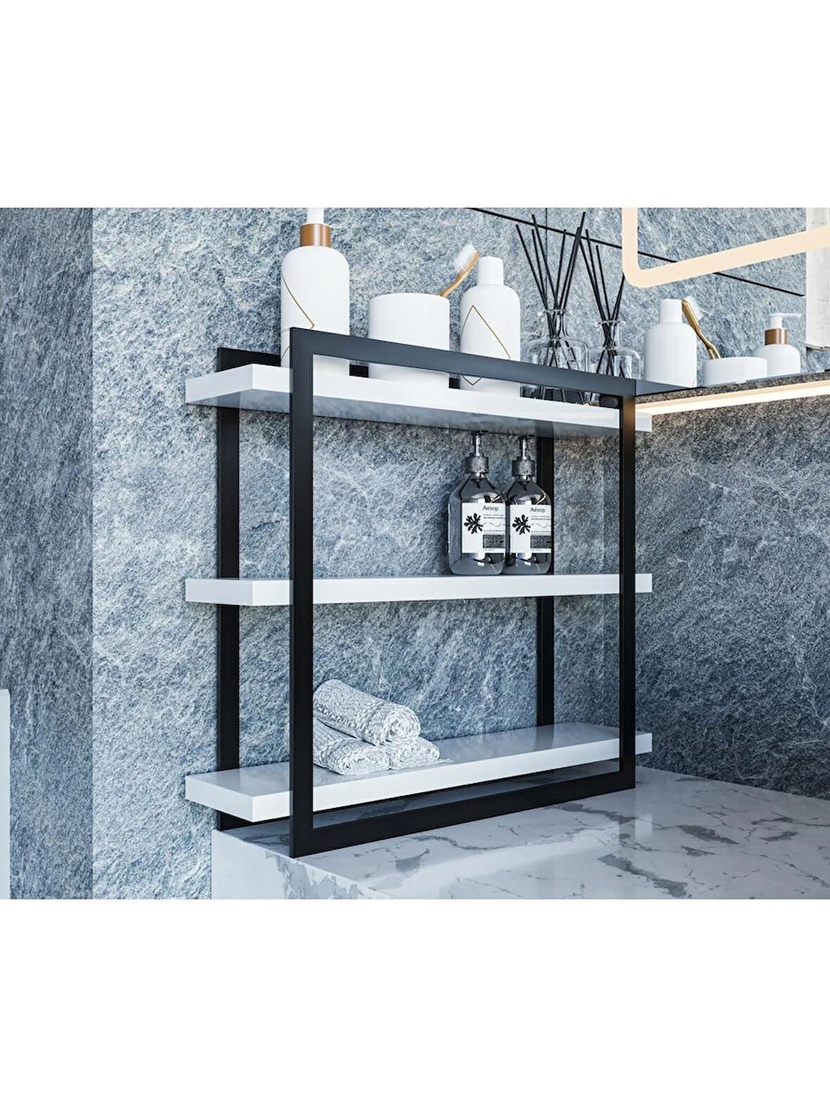 Alpa Ev Mobilya 3 Katlı Metal Çerçeveli Banyo Rafı, Modern Lavabo Üstü Tezgah Üstü Düzenleyici