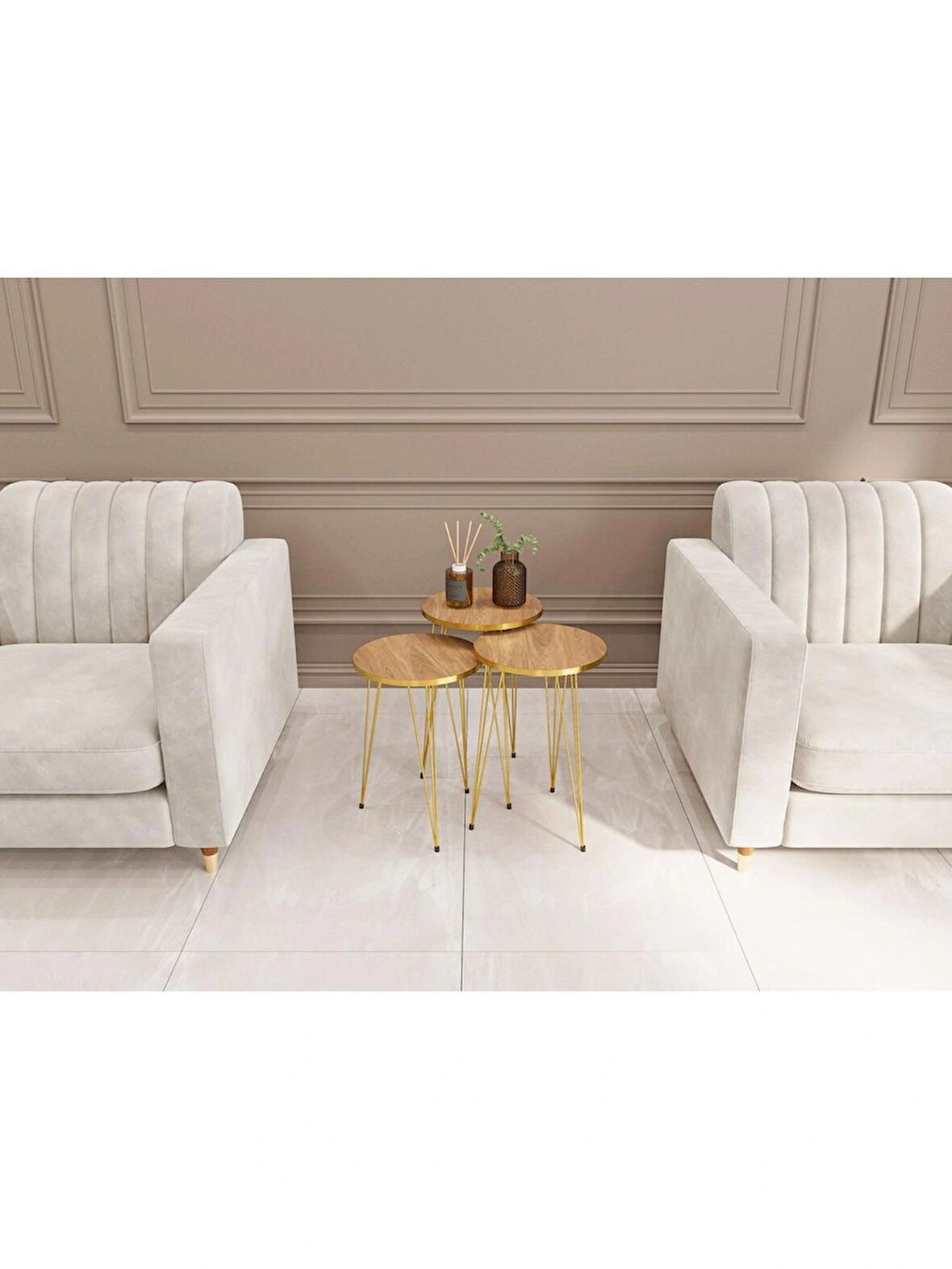 Alpa Ev Mobilya Gold Metal Ayaklı 3’lü Zigon Sehpa Seti Modern Yuvarlak Sehpa Takımı