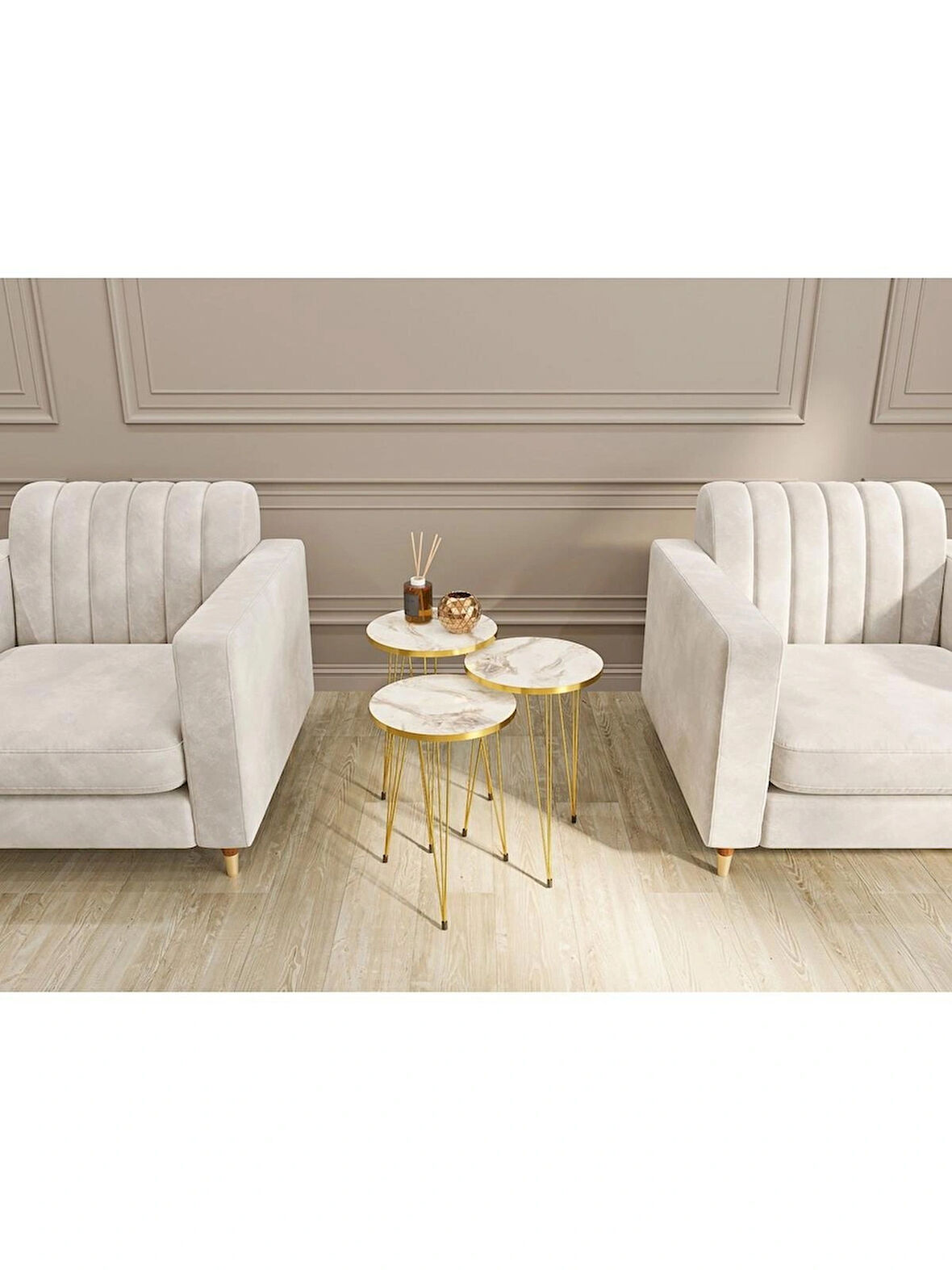 Alpa Ev Mobilya Gold Metal Ayaklı 3’lü Zigon Sehpa Seti Modern Yuvarlak Sehpa Takımı