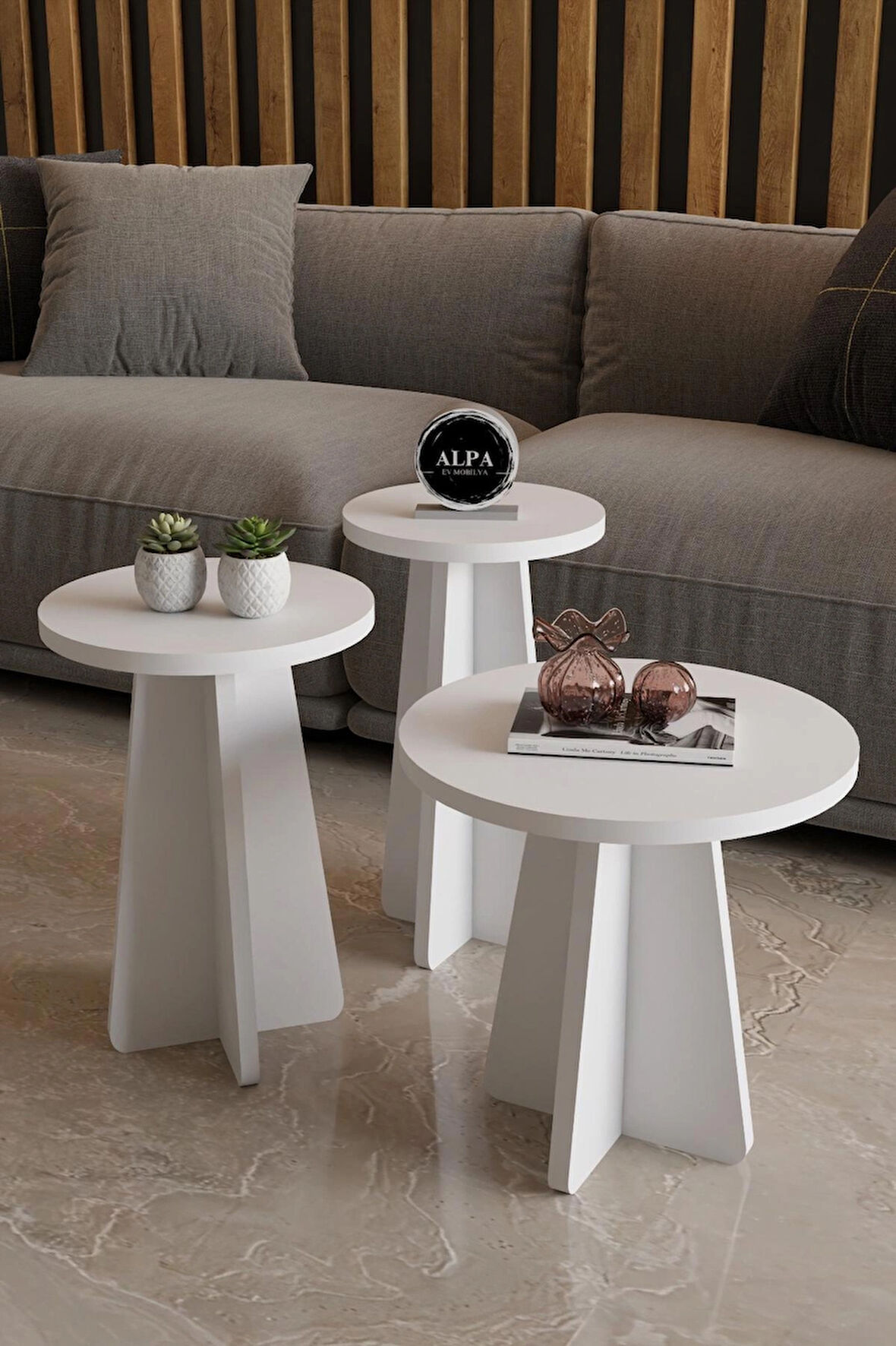 Alpa Ev Mobilya Mantar Sehpa 3’lü Zigon Sehpa Seti – İskandinav Stil Modern Salon Sehpası