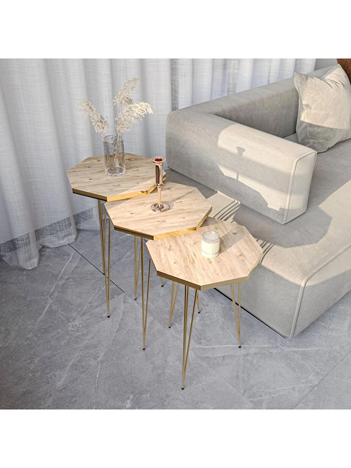 Alpa Ev Mobilya Sekizgen Gold Metal Ayaklı 3’lü Zigon Sehpa Seti Modern, Şık Salon Yan Sehpası