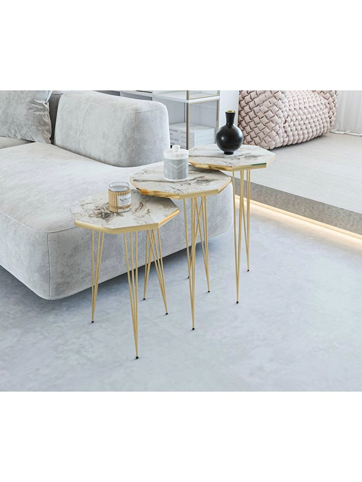 Alpa Ev Mobilya Sekizgen Gold Metal Ayaklı 3’lü Zigon Sehpa Seti Modern, Şık Salon Yan Sehpası
