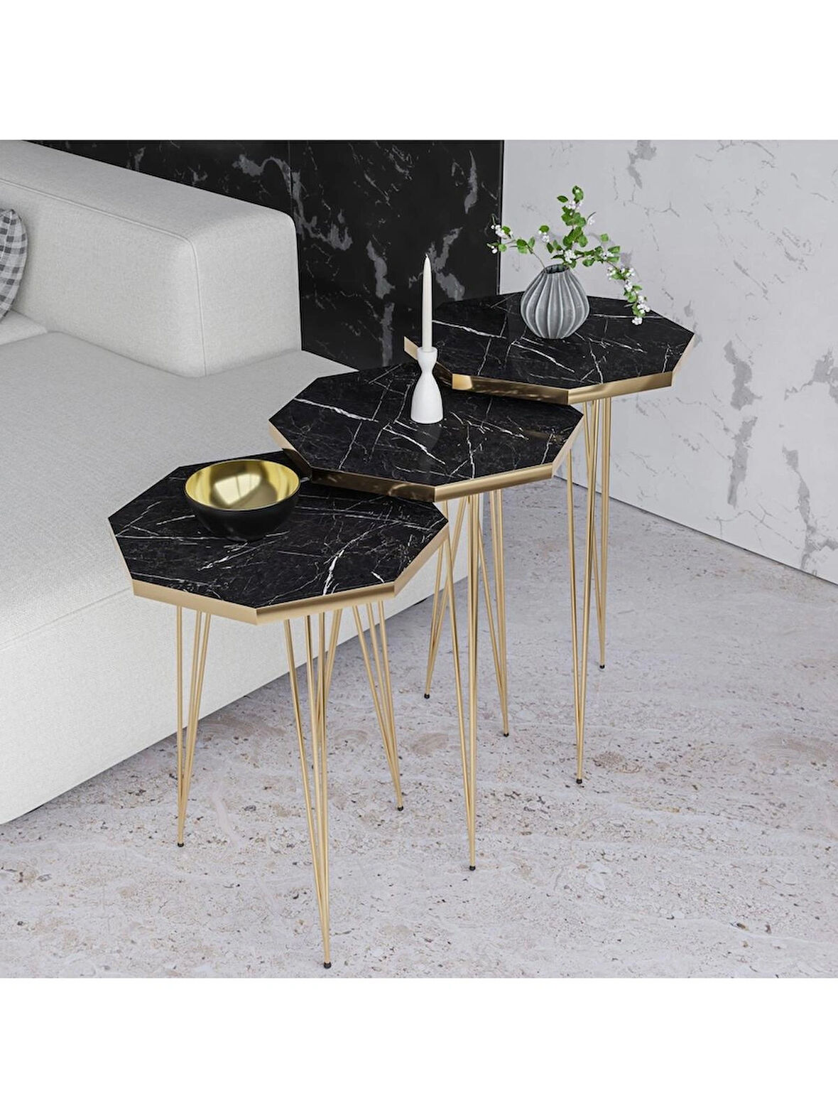 Alpa Ev Mobilya Sekizgen Gold Metal Ayaklı 3’lü Zigon Sehpa Seti Modern, Şık Salon Yan Sehpası