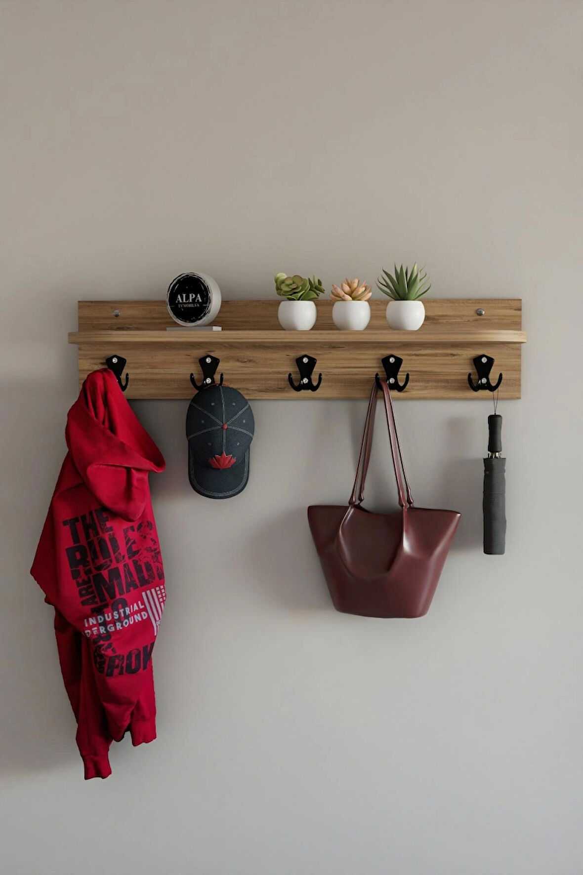 Raflı 5 Askılı Portmanto Duvar Askılığı, Elbise Askılığı, Modern Tasarım Organizer Askılık