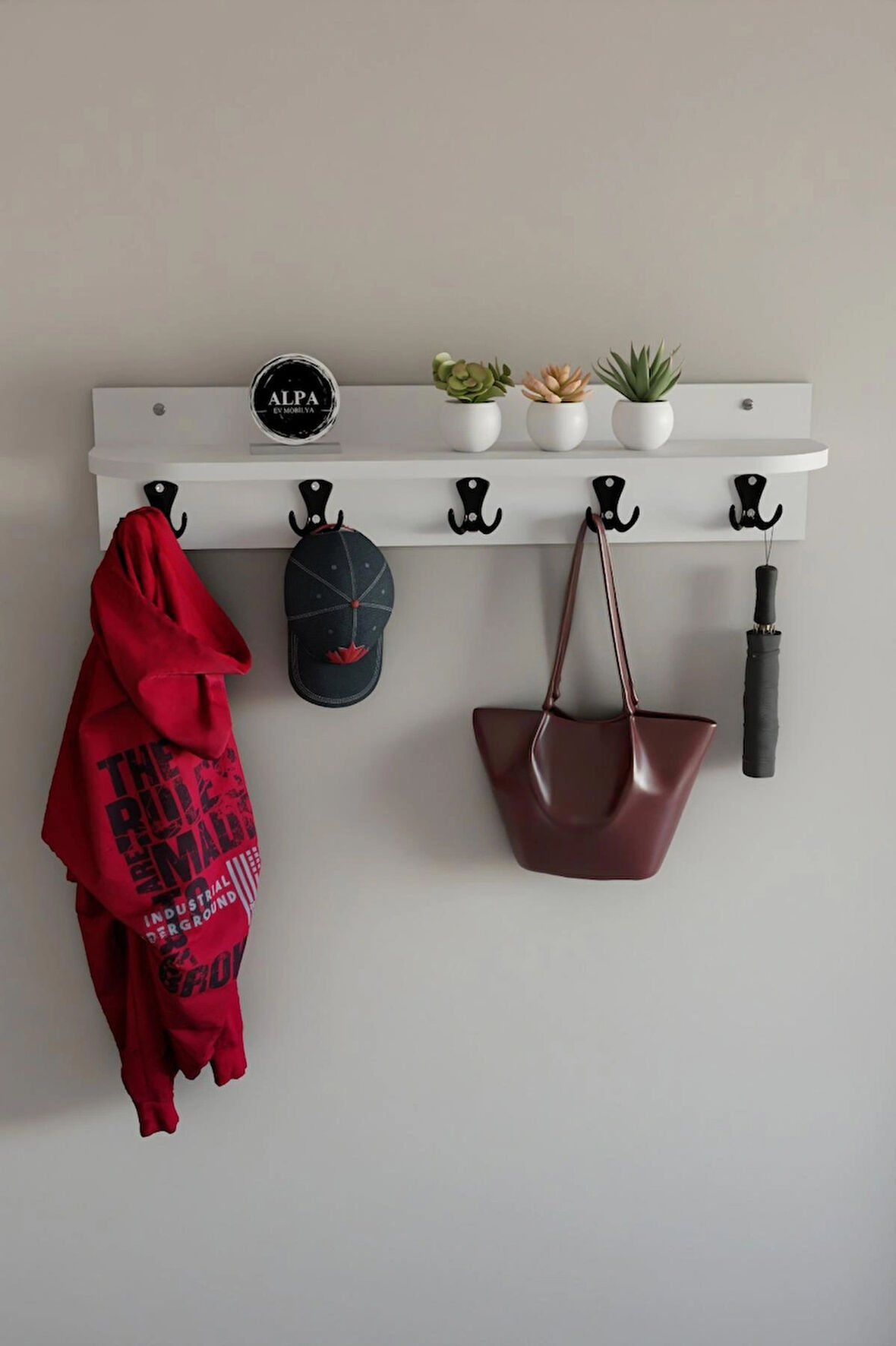 Raflı 5 Askılı Portmanto Duvar Askılığı, Elbise Askılığı, Modern Tasarım Organizer Askılık