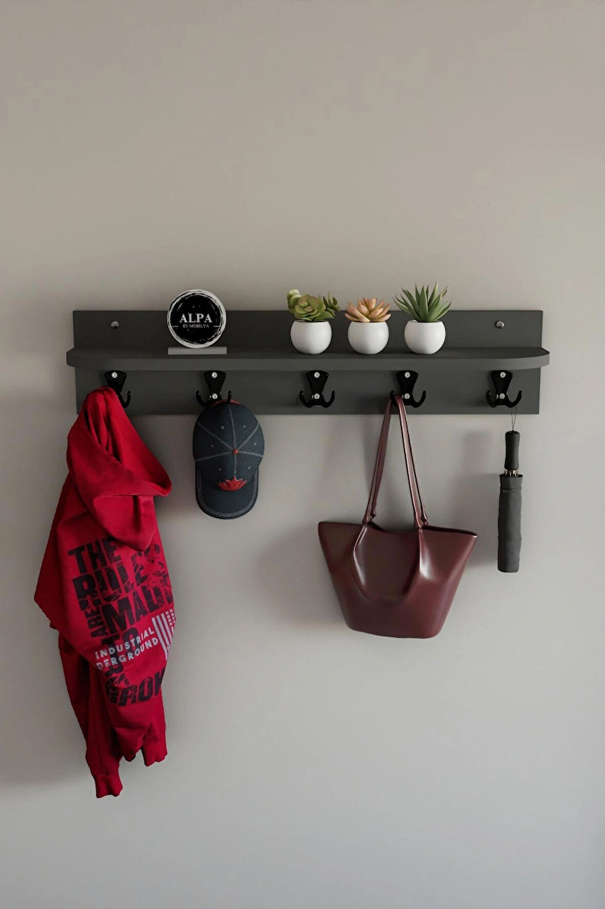 Raflı 5 Askılı Portmanto Duvar Askılığı, Elbise Askılığı, Modern Tasarım Organizer Askılık