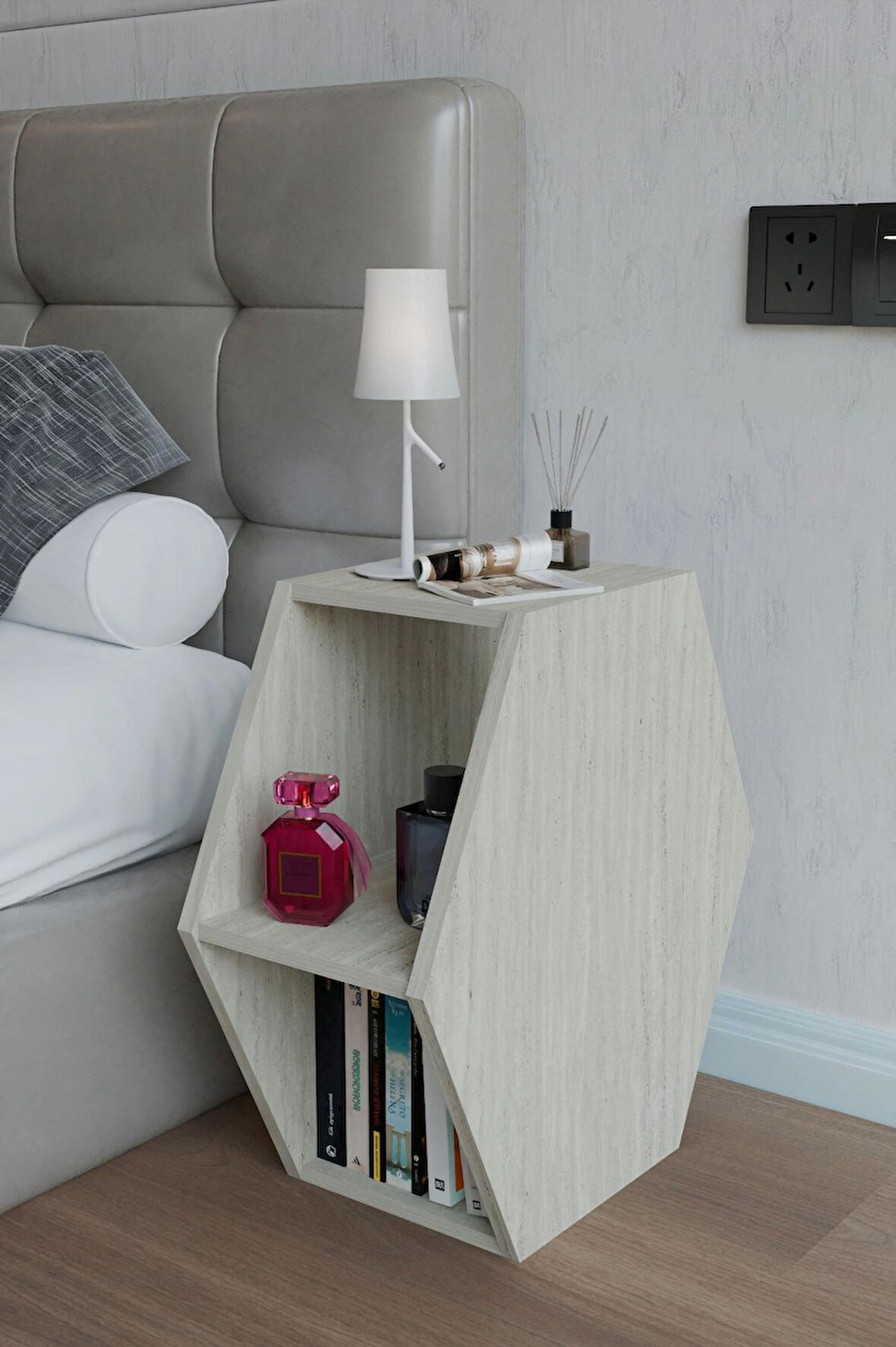 Alpa Ev Mobilya Altıgen Komodin, Modern Yatak Odası Başucu Sehpası, Dekoratif Kitaplık,Raflı Komodin