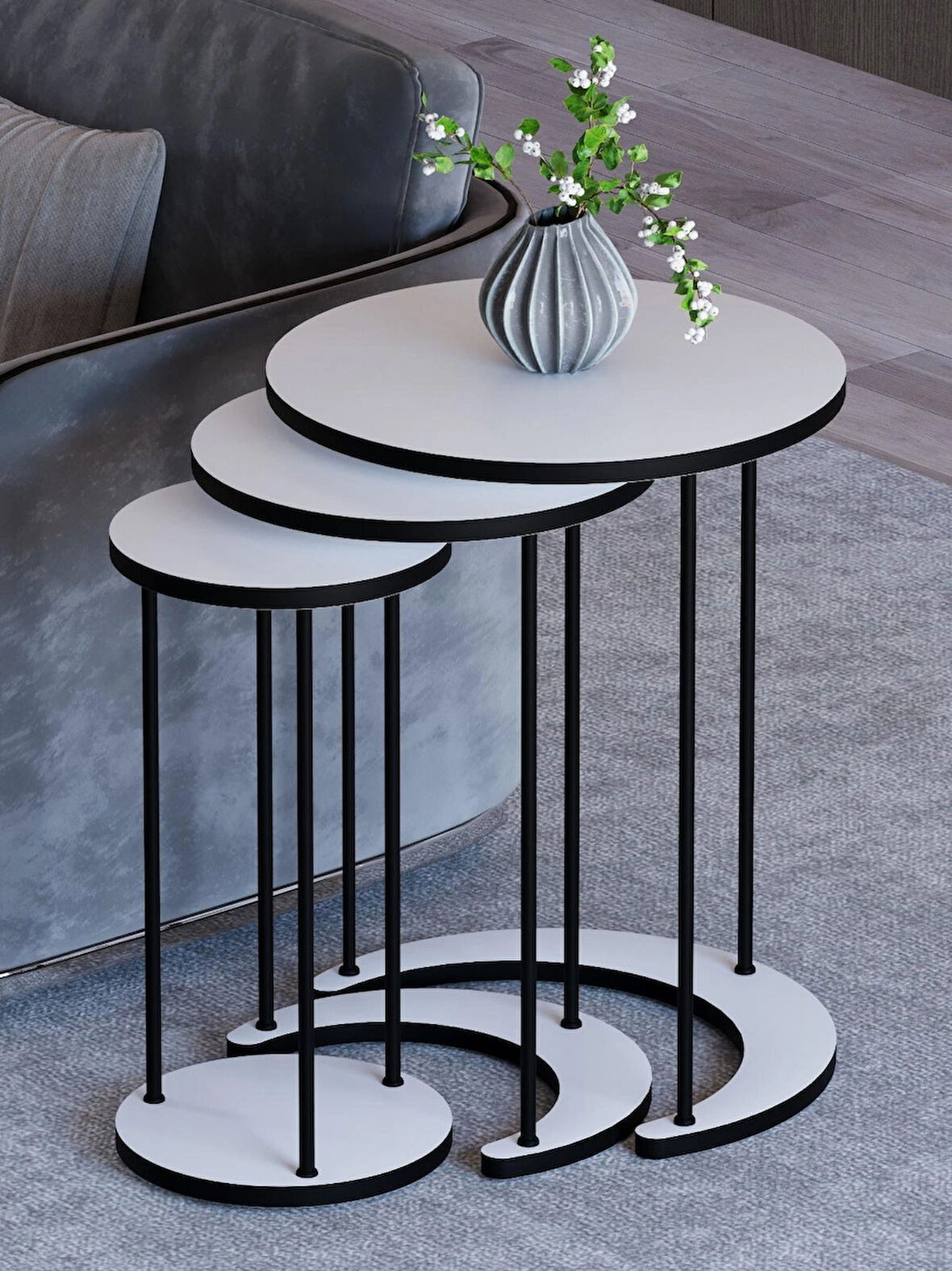 Alpa Ev Mobilya Ay 3’lü Yuvarlak Zigon Sehpa Seti, Modern Metal Ayaklı C Model Şık Yan Sehpa 