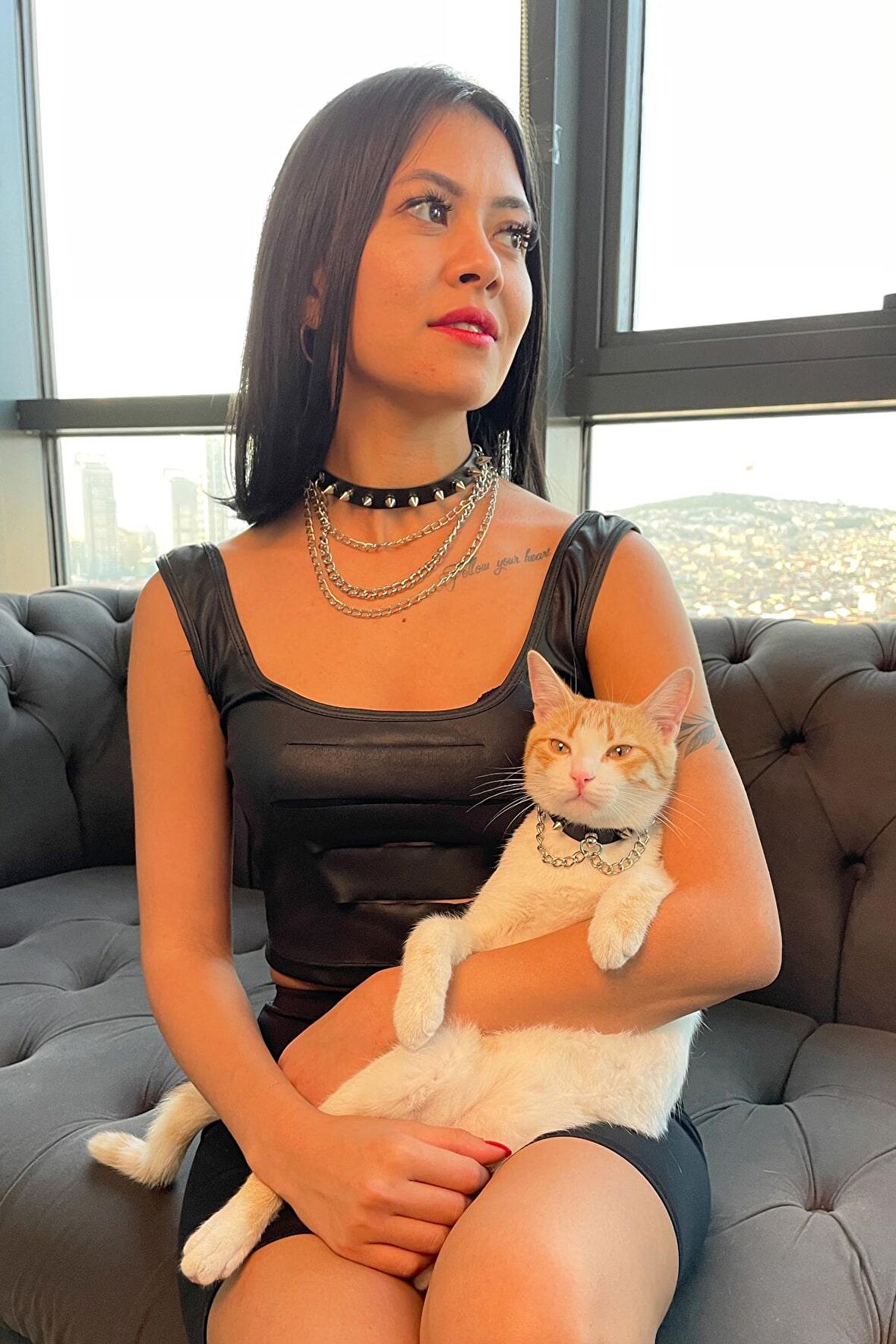 Çivili ve Zincir Detaylı Anne - Kedi Choker Takım