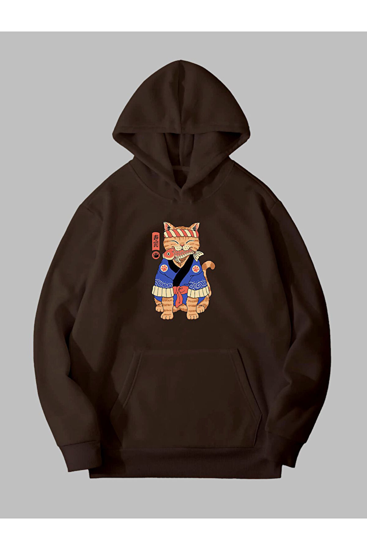 Üç İplik Anime Kedi Baskılı Unisex Sweatshirt Hoodie | L