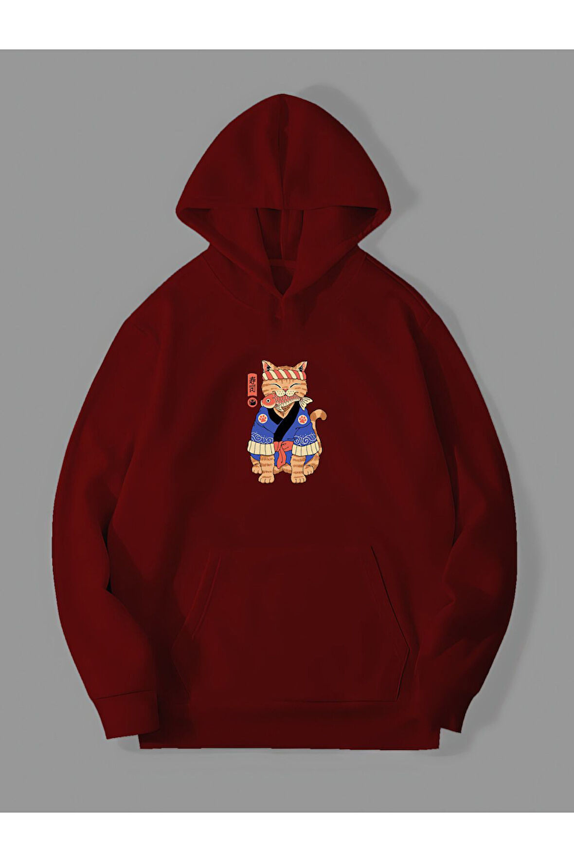 3 İplik Anime Kedi Baskılı Kırmızı Kanguru Cepli Kapüşonlu Sweatshirt Hoodie | S