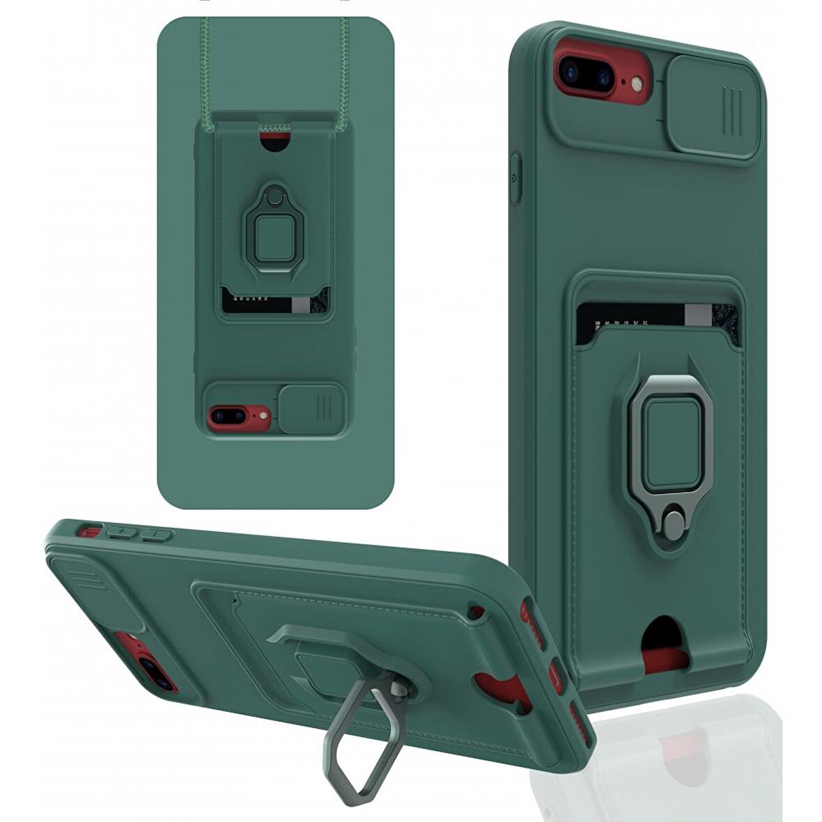 Apple iPhone 6S Plus Kılıf Zuma Kartvizitli Yüzüklü Boyun Askılı Silikon Kapak + Ekran Koruma