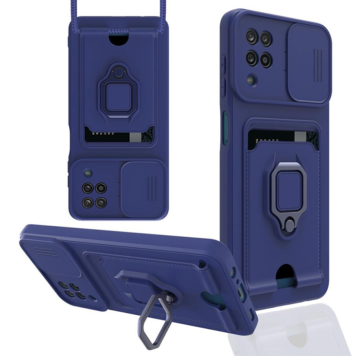 Samsung Galaxy A12 Kılıf Zuma Kartvizitli Yüzüklü Boyun Askılı Silikon Kapak + Ekran Koruma