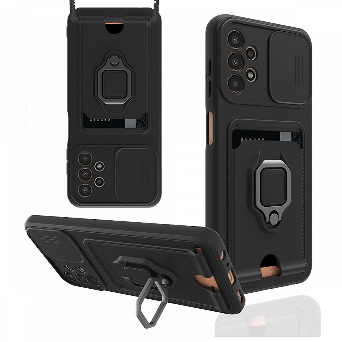 Samsung Galaxy A13 4G Kılıf Zuma Kartvizitli Yüzüklü Boyun Askılı Silikon Kapak + Ekran Koruma