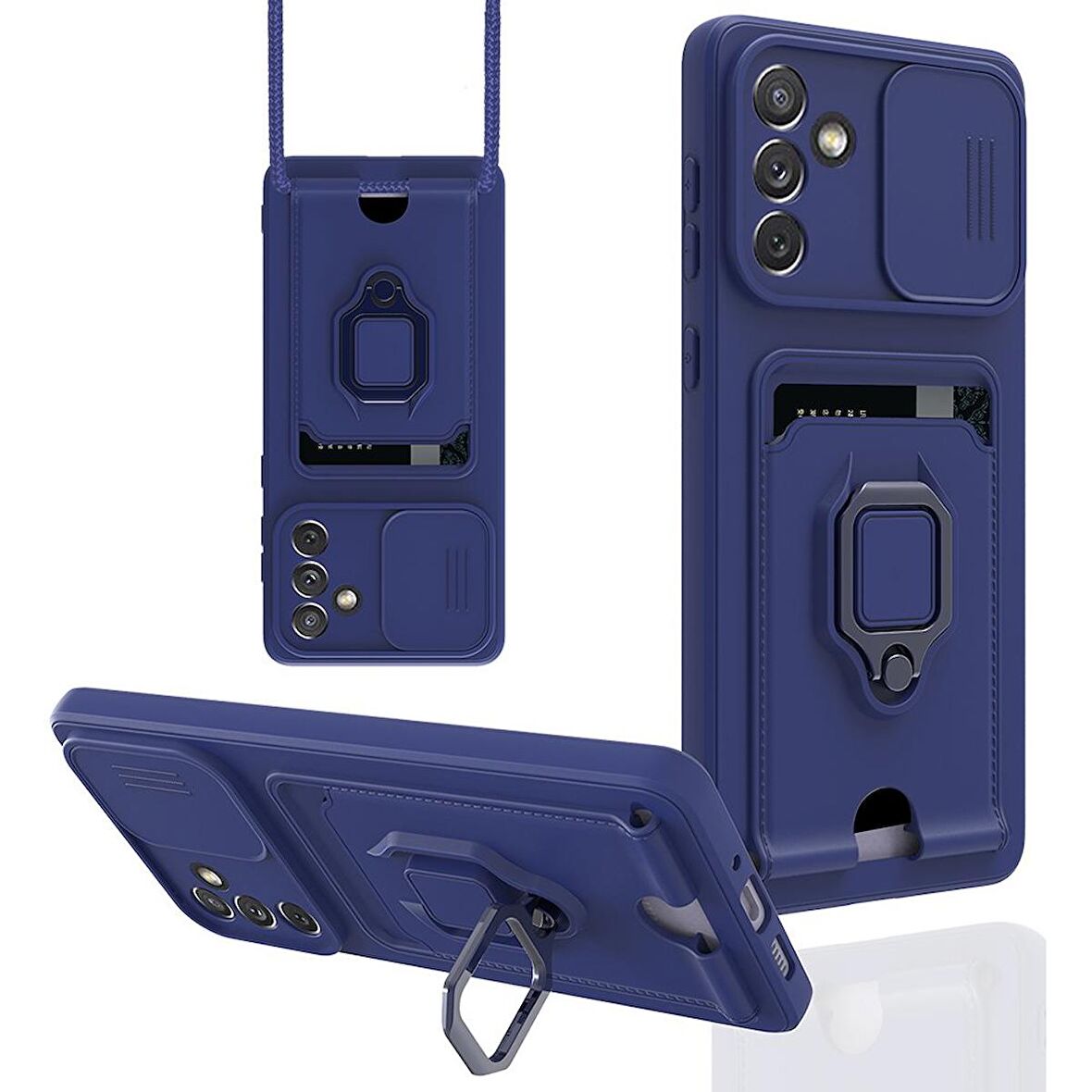 Samsung Galaxy A04S Kılıf Zuma Kartvizitli Yüzüklü Boyun Askılı Silikon Kapak + Ekran Koruma