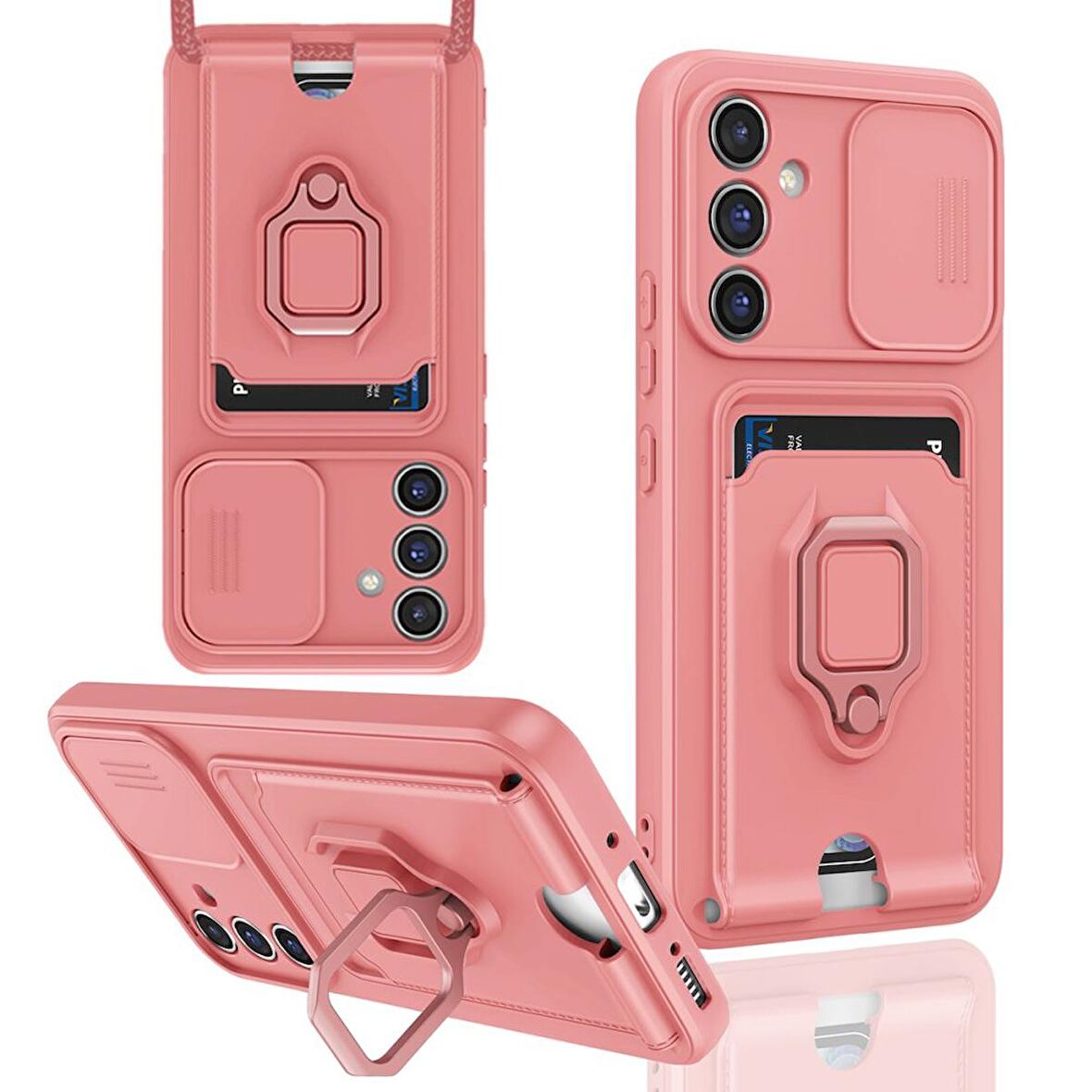 Samsung Galaxy A14 4G Kılıf Zuma Kartvizitli Yüzüklü Boyun Askılı Silikon Kapak + Ekran Koruma