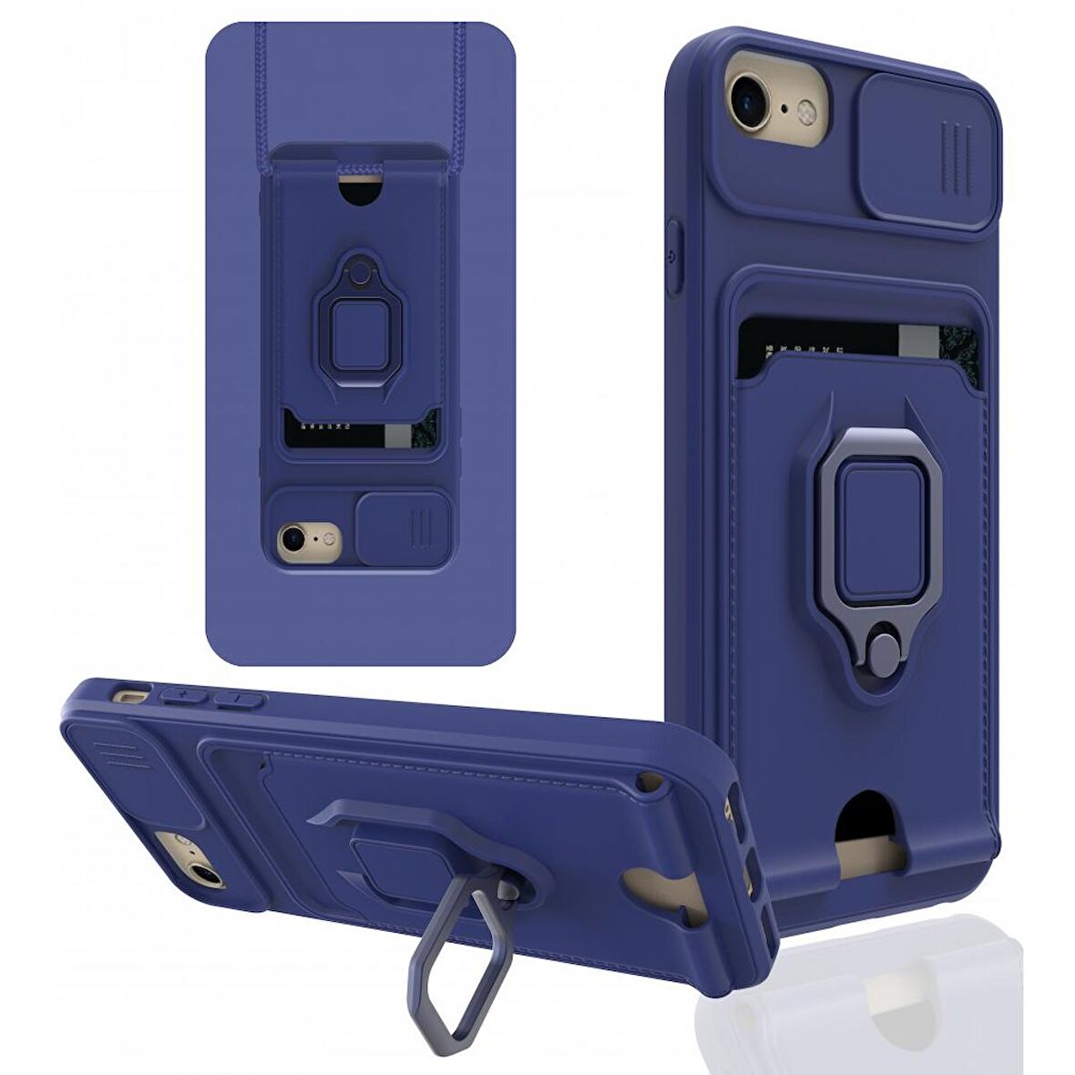 Apple iPhone 6 / 7 / 8 Kılıf Zuma Kartvizitli Yüzüklü Boyun Askılı Silikon Kapak + Ekran Koruma