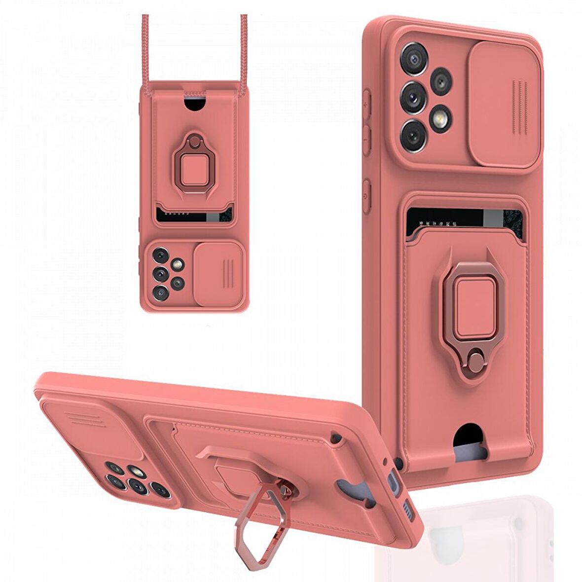 Samsung Galaxy A23 4G Kılıf Zuma Kartvizitli Yüzüklü Boyun Askılı Silikon Kapak + Ekran Koruma