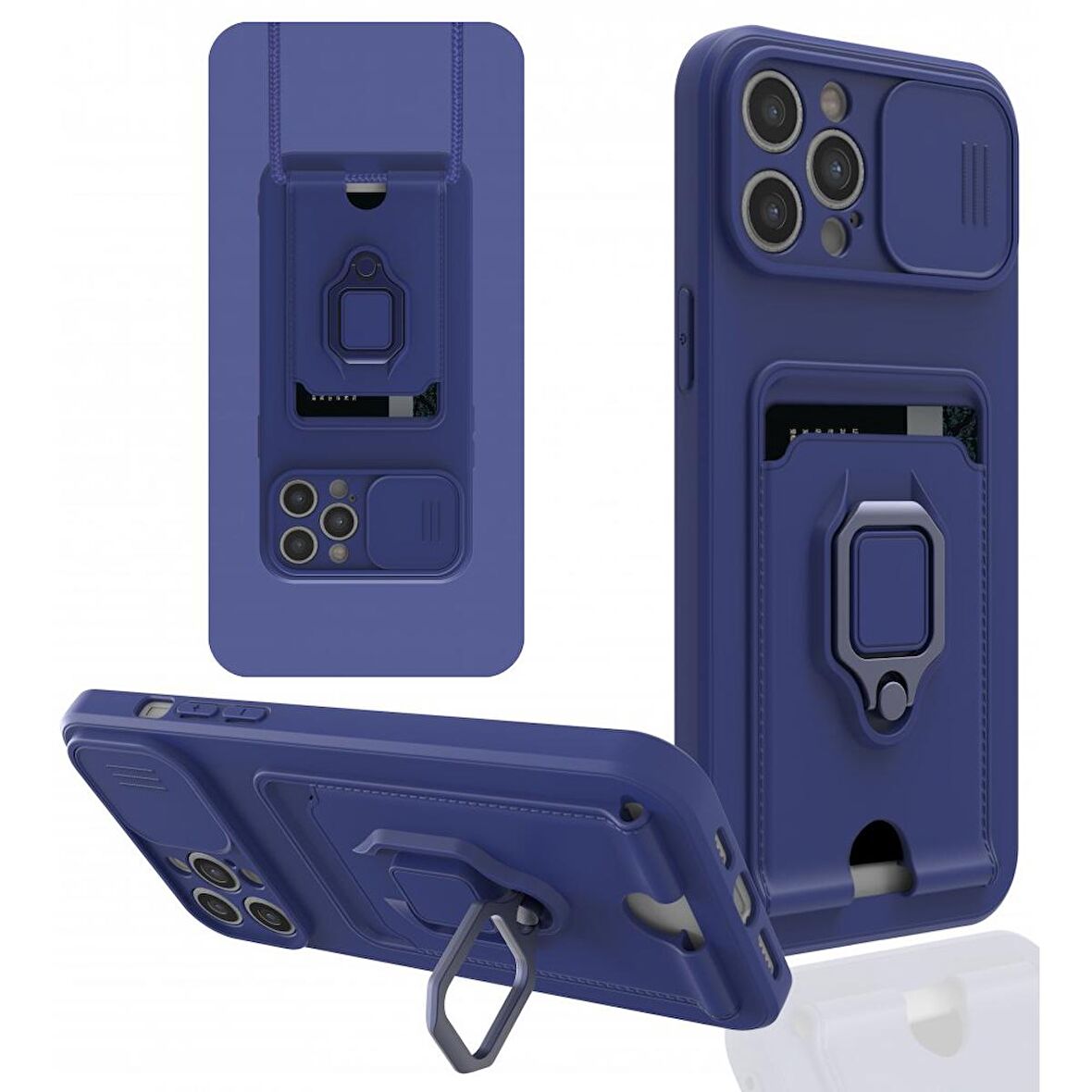 Apple iPhone 12 Pro Kılıf Zuma Kartvizitli Yüzüklü Boyun Askılı Silikon Kapak + Ekran Koruma