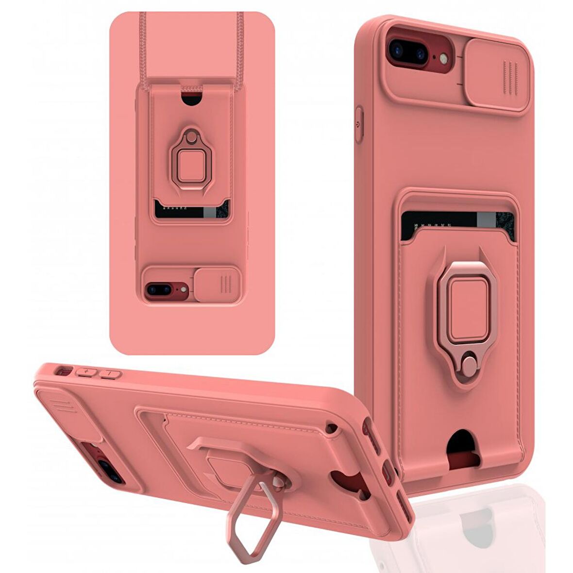Apple iPhone 7 / 8 Plus Kılıf Zuma Kartvizitli Yüzüklü Boyun Askılı Silikon Kapak + Ekran Koruma