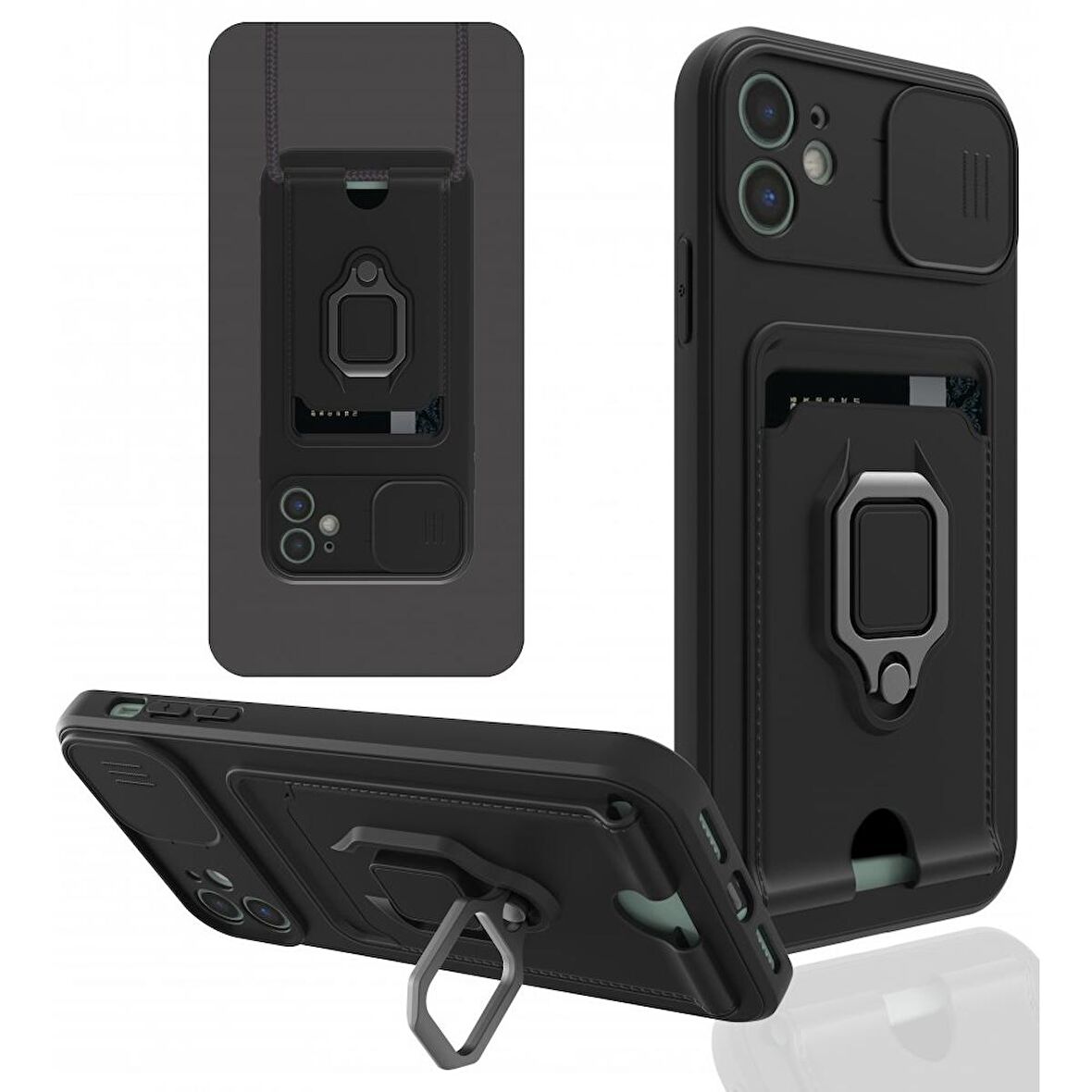 Apple iPhone 11 Kılıf Zuma Kartvizitli Yüzüklü Boyun Askılı Silikon Kapak + Ekran Koruma