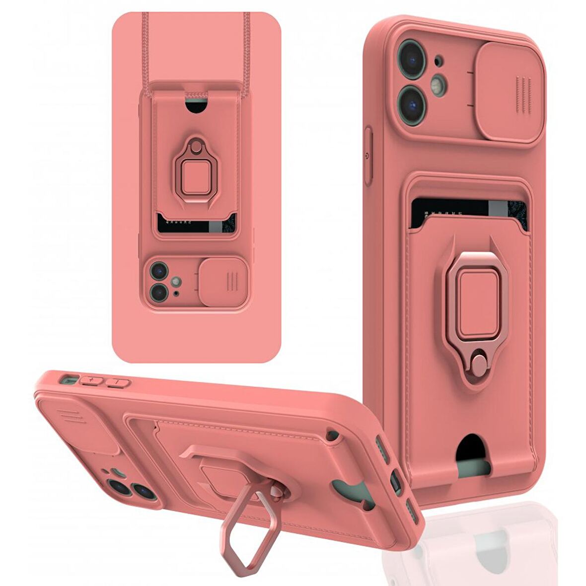 Apple iPhone 11 Kılıf Zuma Kartvizitli Yüzüklü Boyun Askılı Silikon Kapak + Ekran Koruma