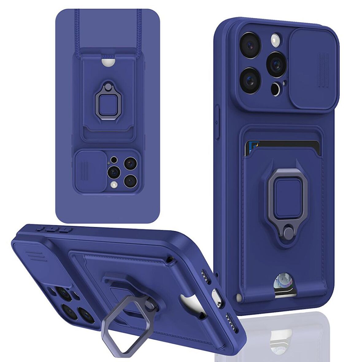Apple iPhone 15 Pro Kılıf Zuma Kartvizitli Yüzüklü Boyun Askılı Silikon Kapak + Ekran Koruma