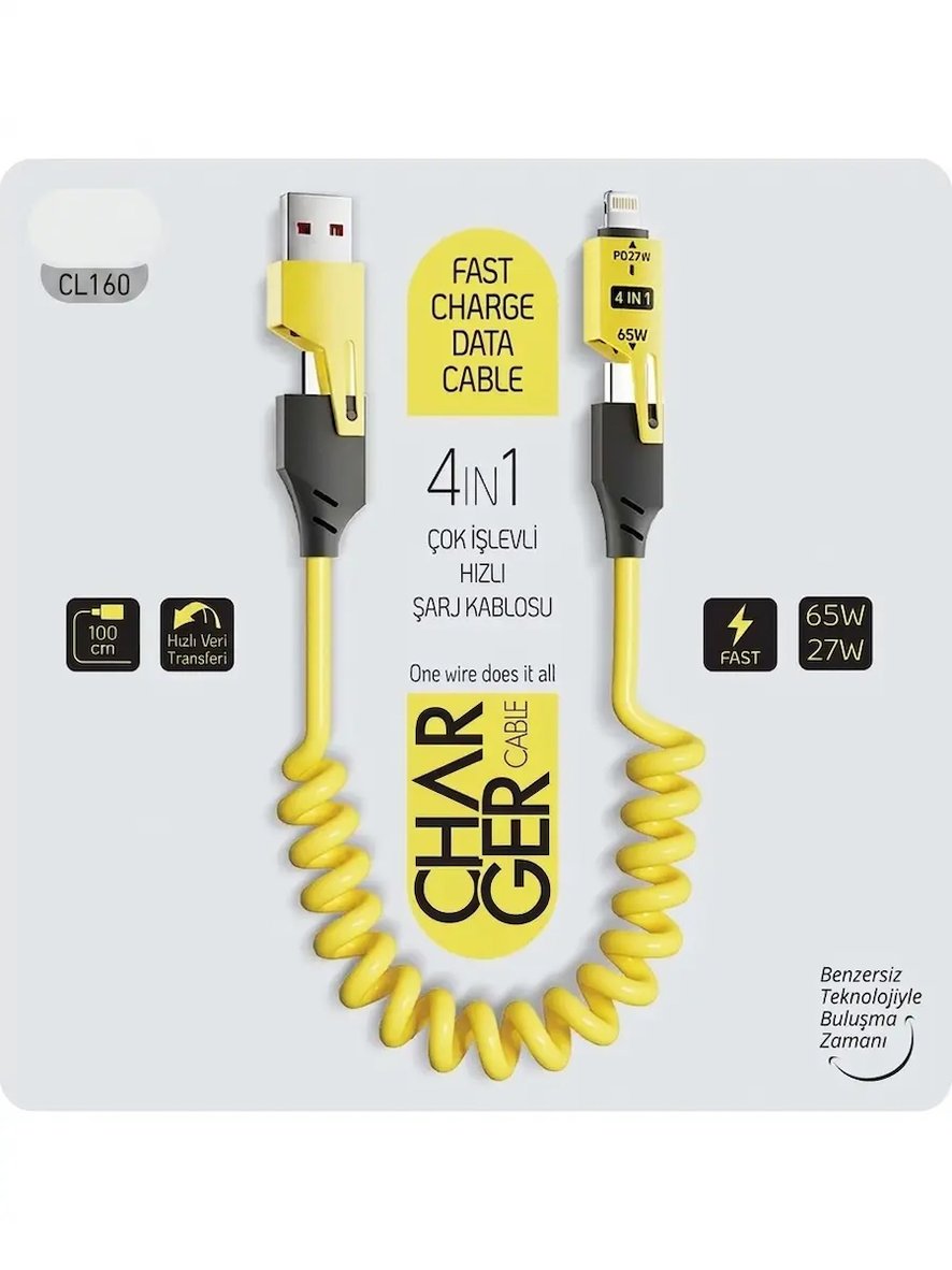 Samsung Galaxy S25 FE 4in1 Type-c 65W to USB-A + Type-c to Lightning 27W Hızlı Şarj Kablosu CL160