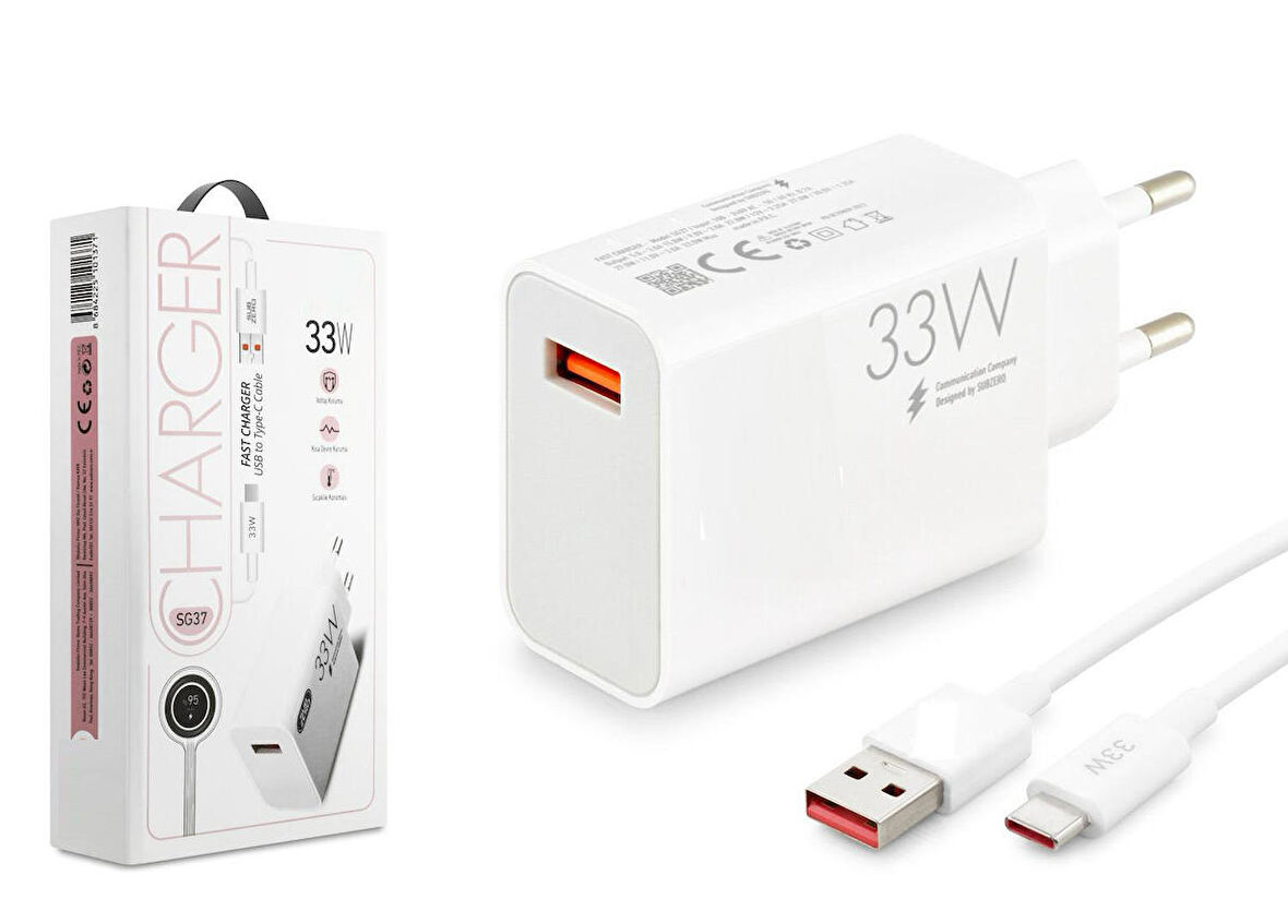 Oppo Reno5 Uyumlu SG37 33W Turbo Type C Şarj Aleti Seti Kafa + Kablo