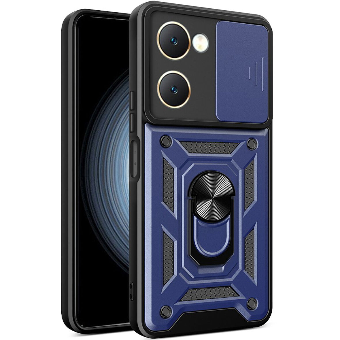 Vivo Y18 Kılıf Pars Lens Yüzüklü Silikon Magnetik Standlı Kamera Korumalı Kapak
