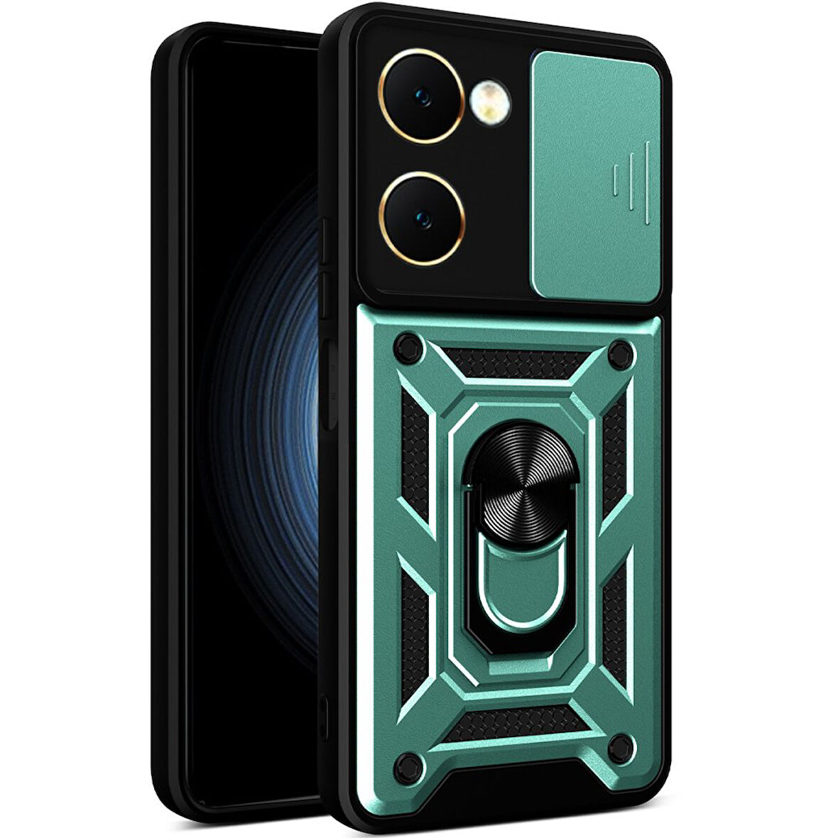 Vivo Y18 Kılıf Pars Lens Yüzüklü Silikon Magnetik Standlı Kamera Korumalı Kapak