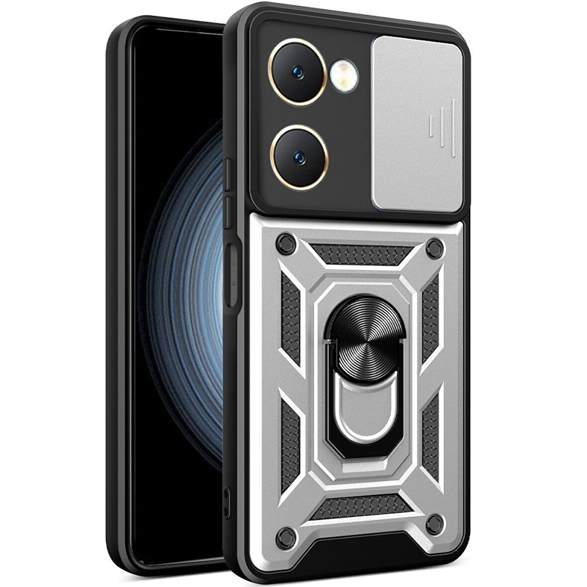 Vivo Y18 Kılıf Pars Lens Yüzüklü Silikon Magnetik Standlı Kamera Korumalı Kapak