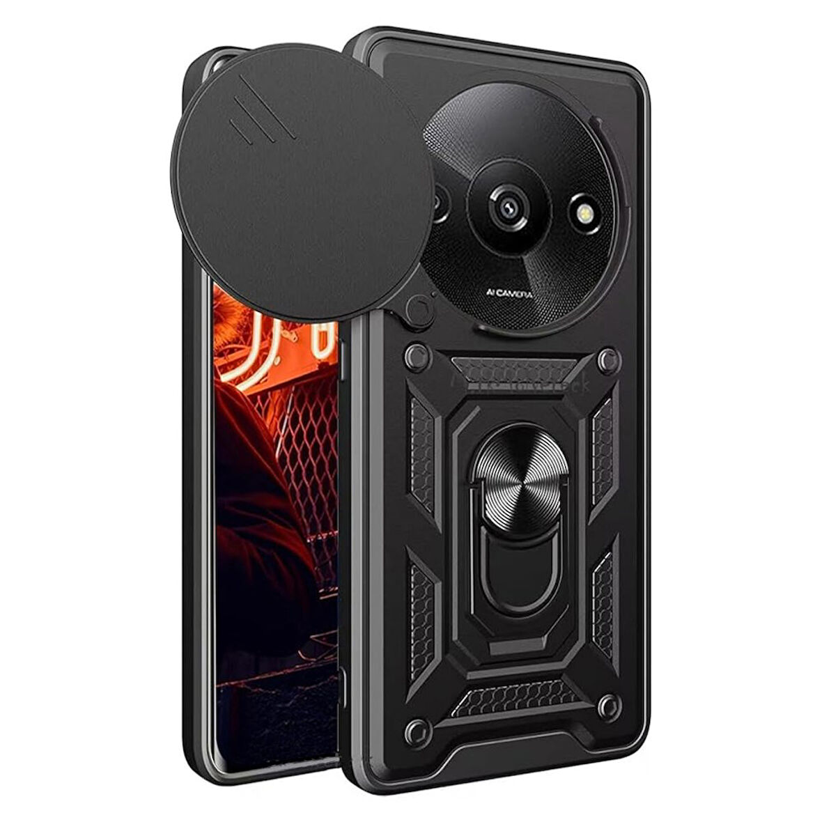 Xiaomi Redmi A3 4G Kılıf Pars Lens Yüzüklü Silikon Magnetik Standlı Kamera Korumalı Kapak