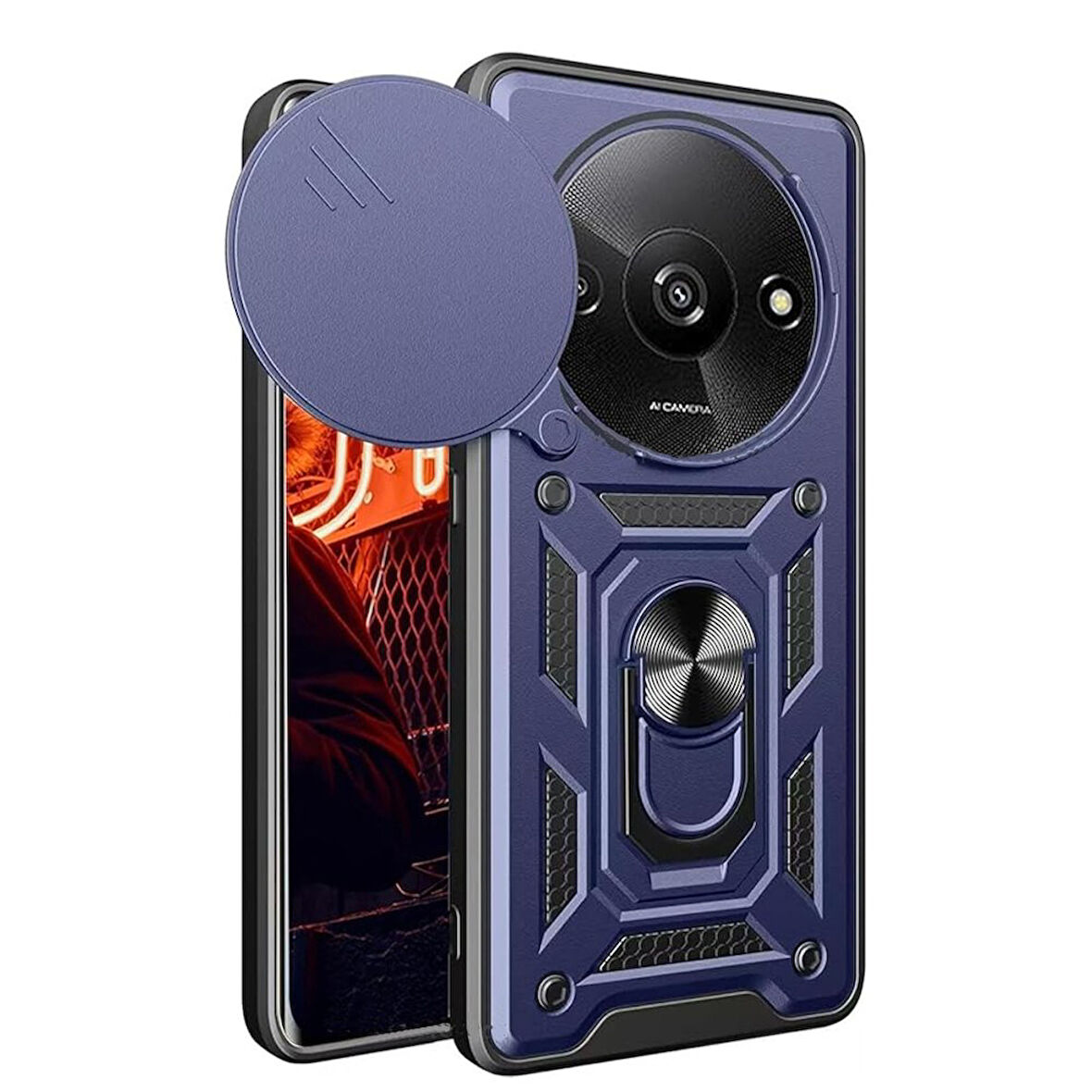 Xiaomi Redmi A3 4G Kılıf Pars Lens Yüzüklü Silikon Magnetik Standlı Kamera Korumalı Kapak