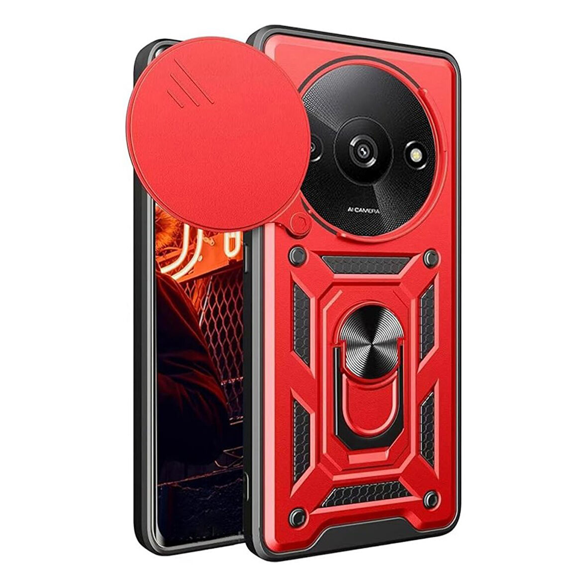 Xiaomi Redmi A3 4G Kılıf Pars Lens Yüzüklü Silikon Magnetik Standlı Kamera Korumalı Kapak