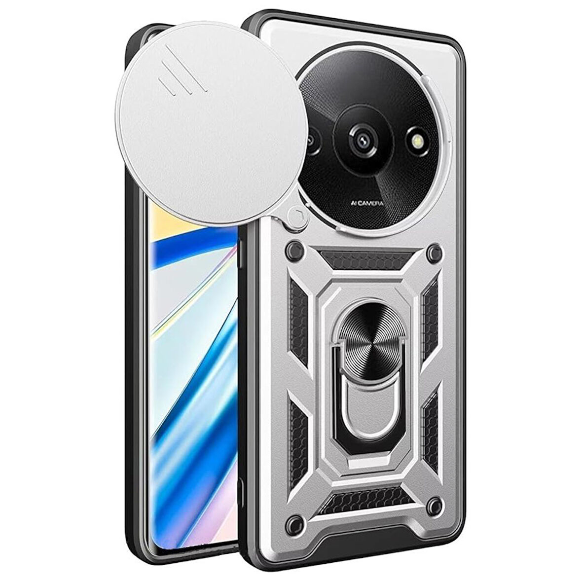 Xiaomi Redmi A3 4G Kılıf Pars Lens Yüzüklü Silikon Magnetik Standlı Kamera Korumalı Kapak