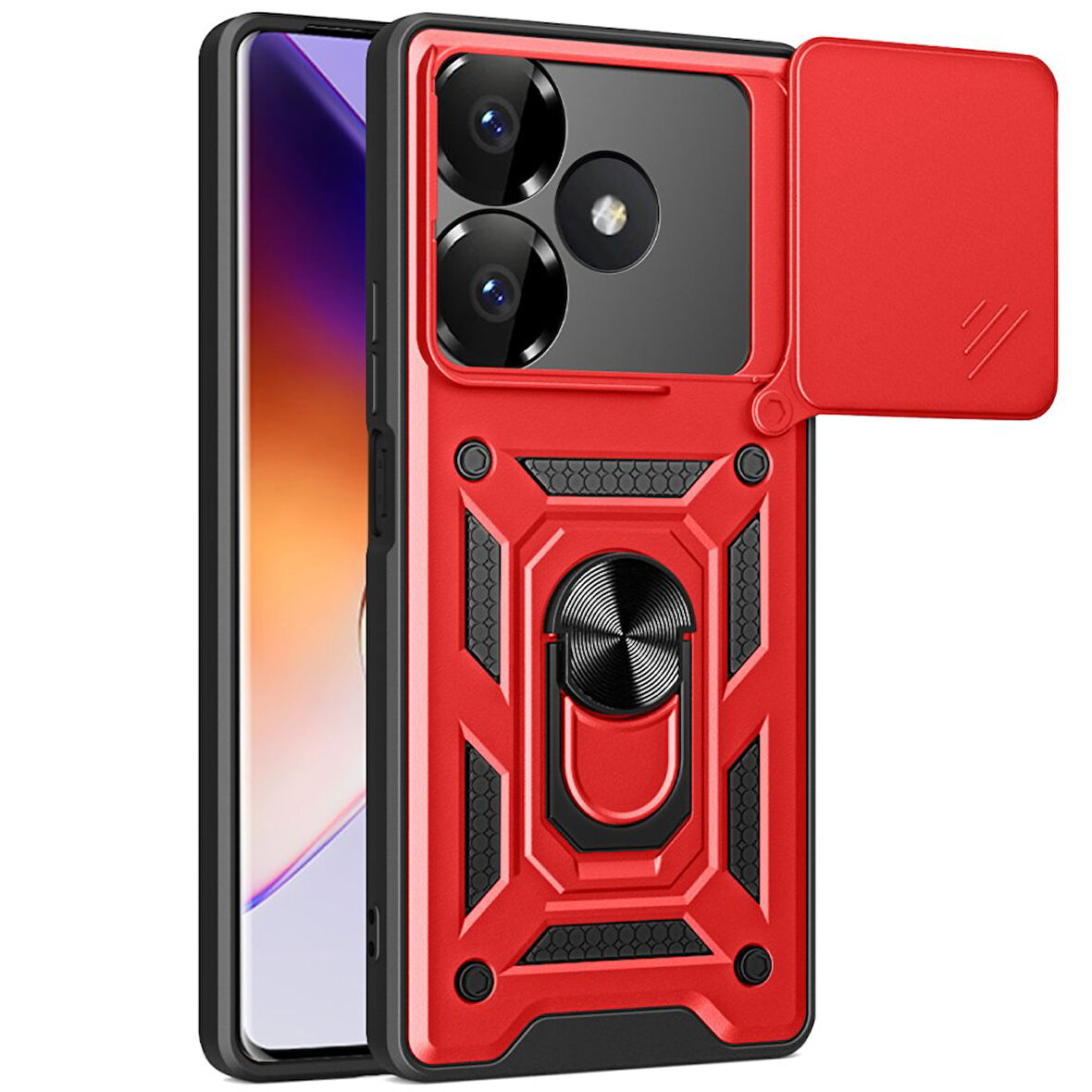 Xiaomi Redmi 13 4G Kılıf Pars Lens Yüzüklü Silikon Magnetik Standlı Kamera Korumalı Kapak