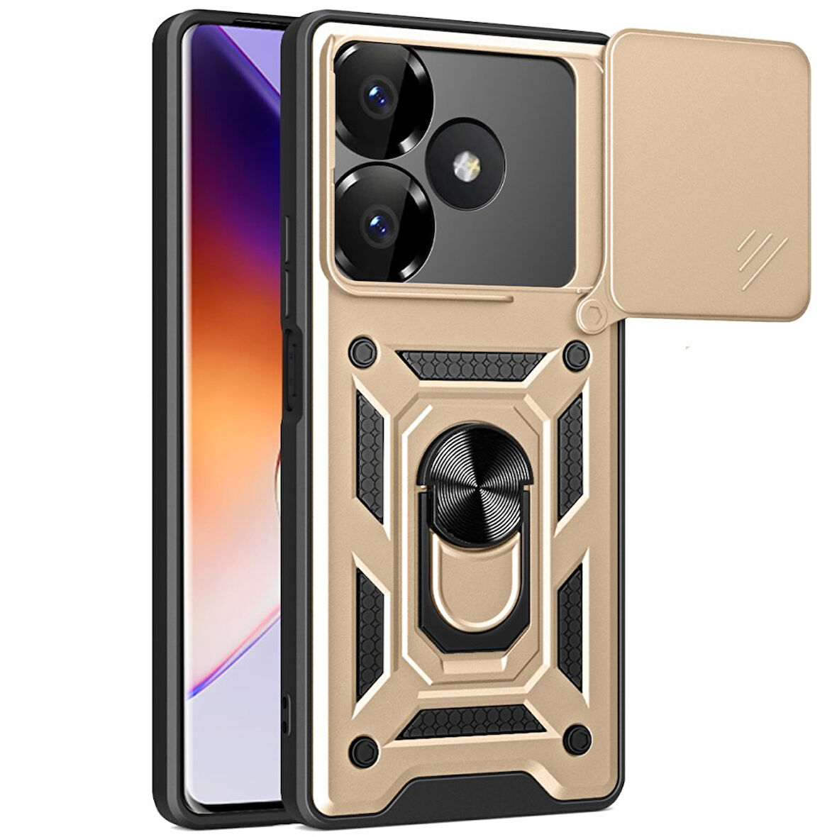 Xiaomi Redmi 13 4G Kılıf Pars Lens Yüzüklü Silikon Magnetik Standlı Kamera Korumalı Kapak