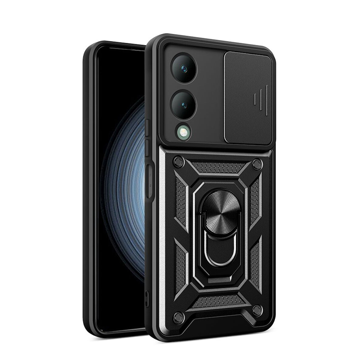 Vivo Y17S Kılıf Pars Lens Yüzüklü Silikon Magnetik Standlı Kamera Korumalı Kapak