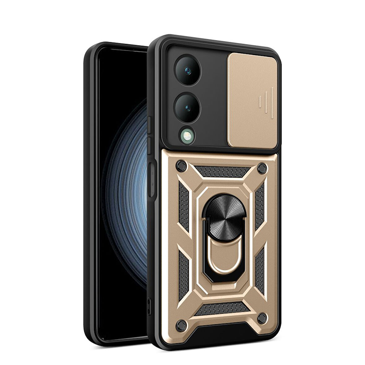 Vivo Y17S Kılıf Pars Lens Yüzüklü Silikon Magnetik Standlı Kamera Korumalı Kapak