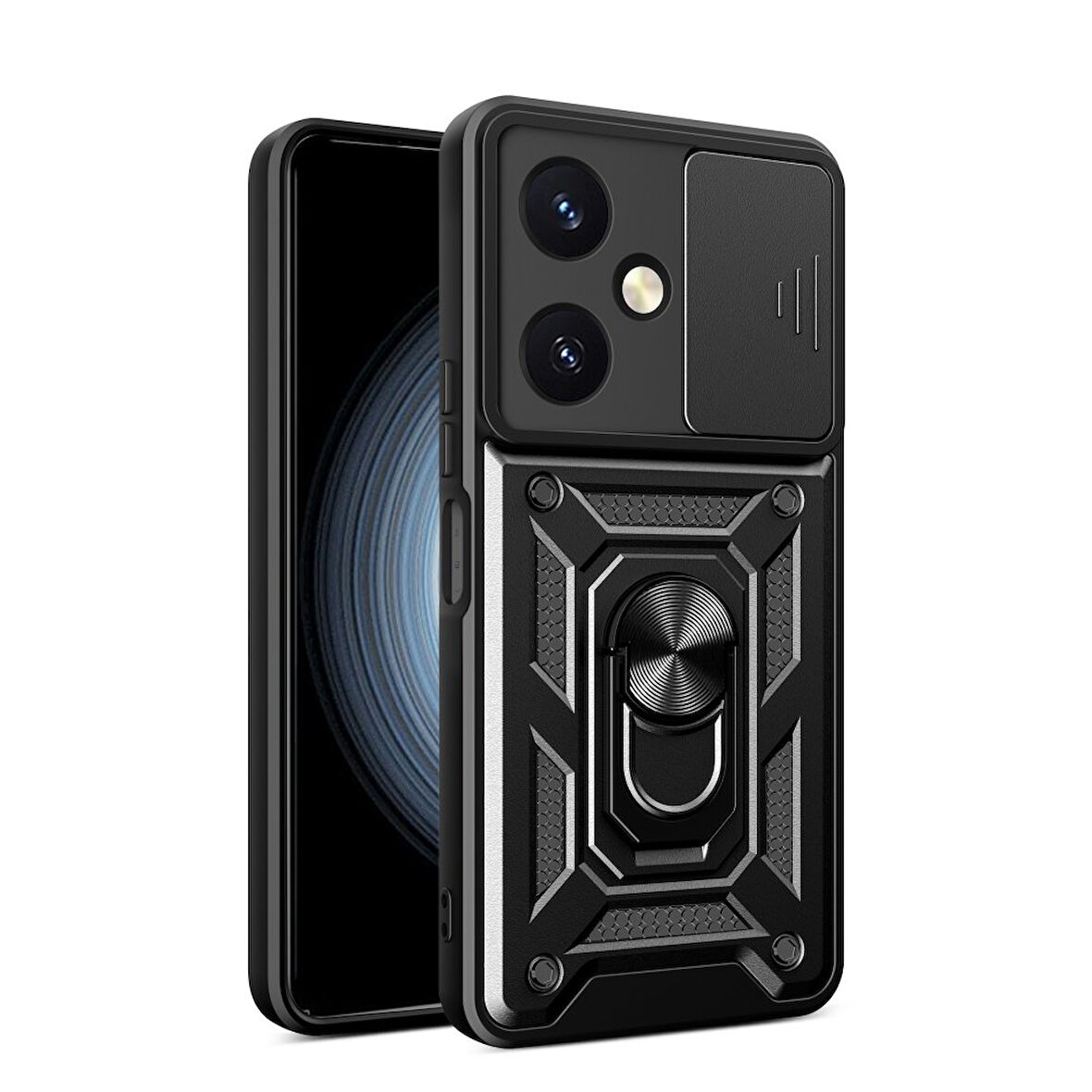 Vivo Y27 Kılıf Pars Lens Yüzüklü Silikon Magnetik Standlı Kamera Korumalı Kapak